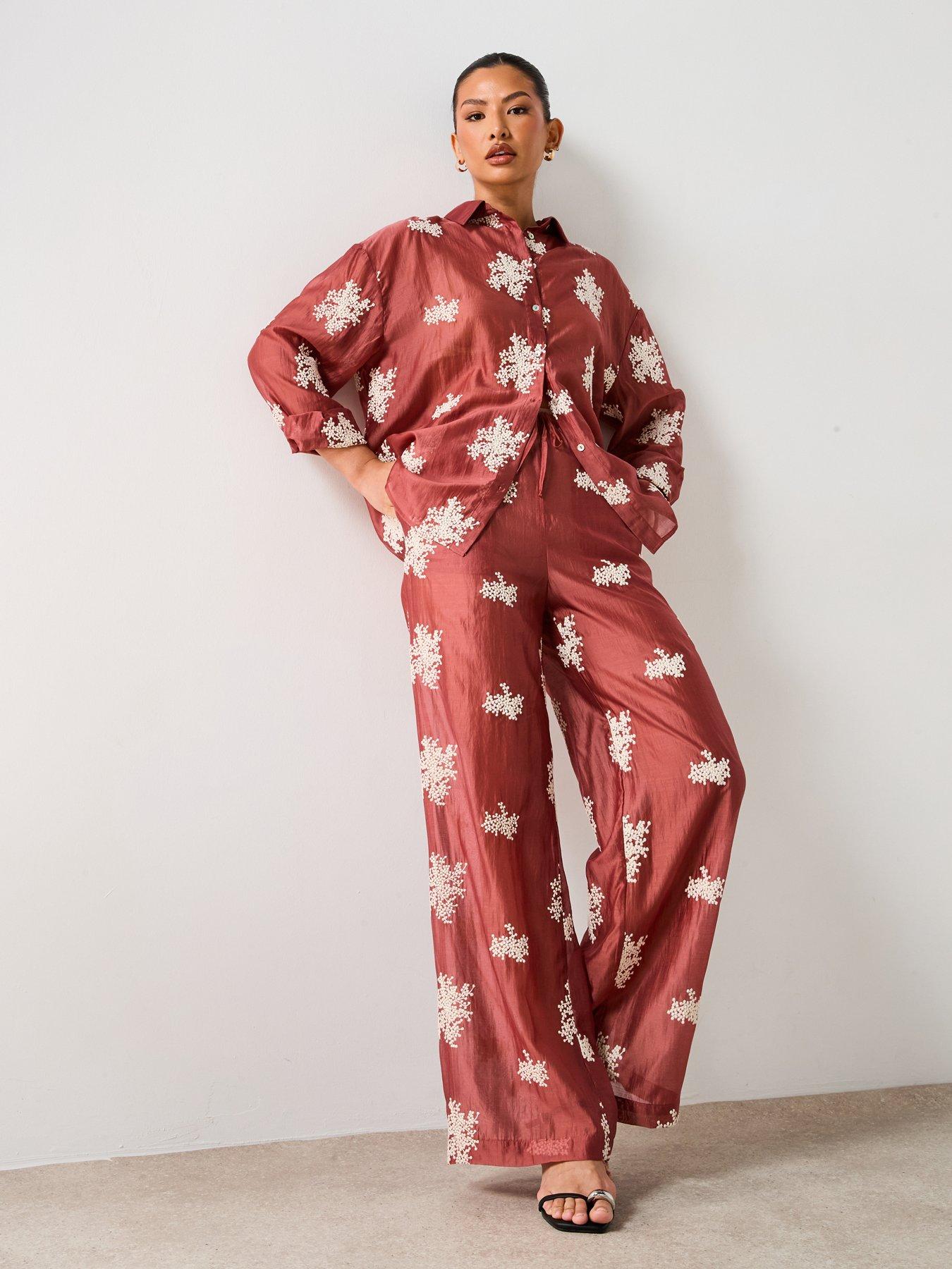 V by Very Floral Embroidered Co-ord Shirt - Brown/Red
