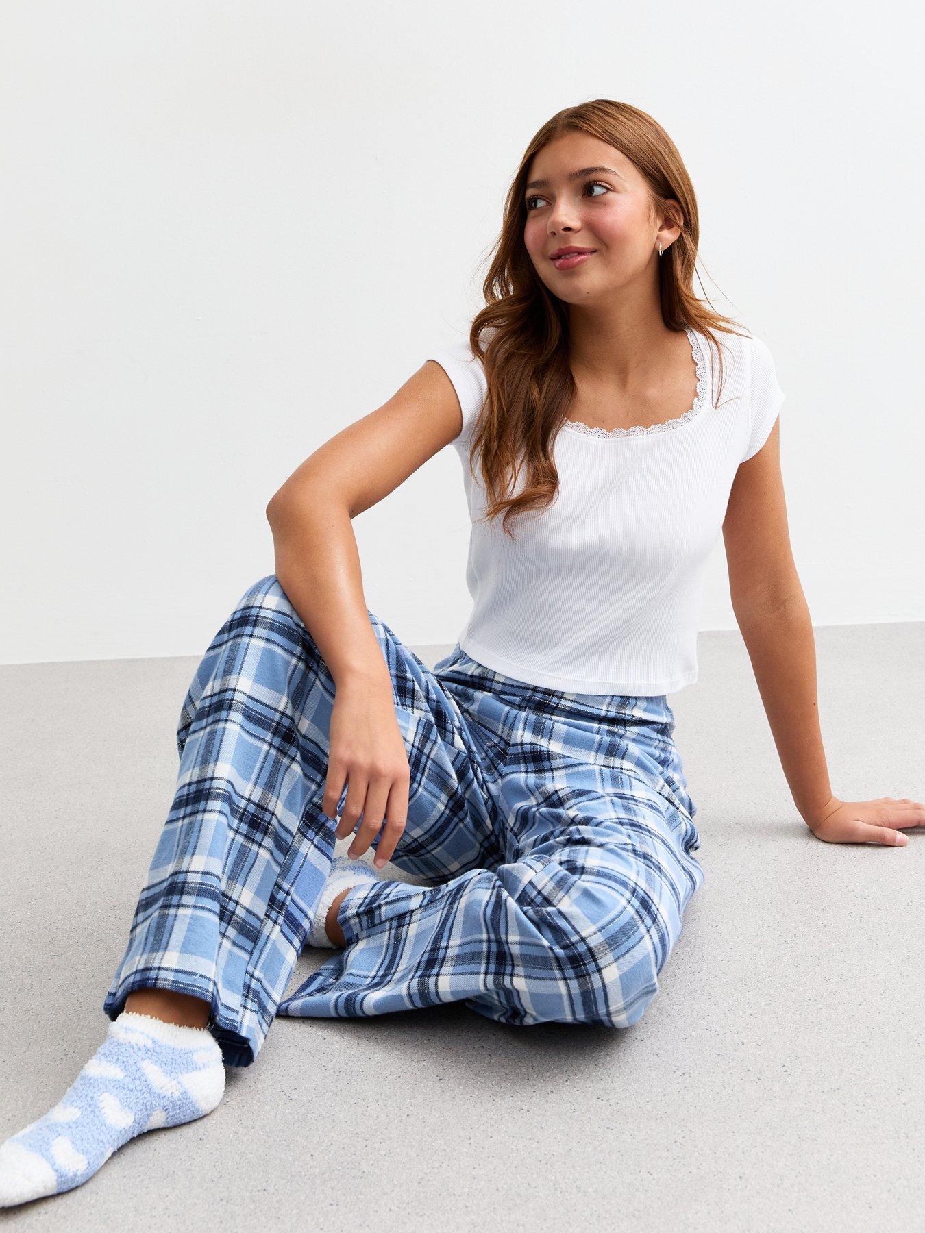 new-look-915-girls-blue-plaid-long-pyjama-set