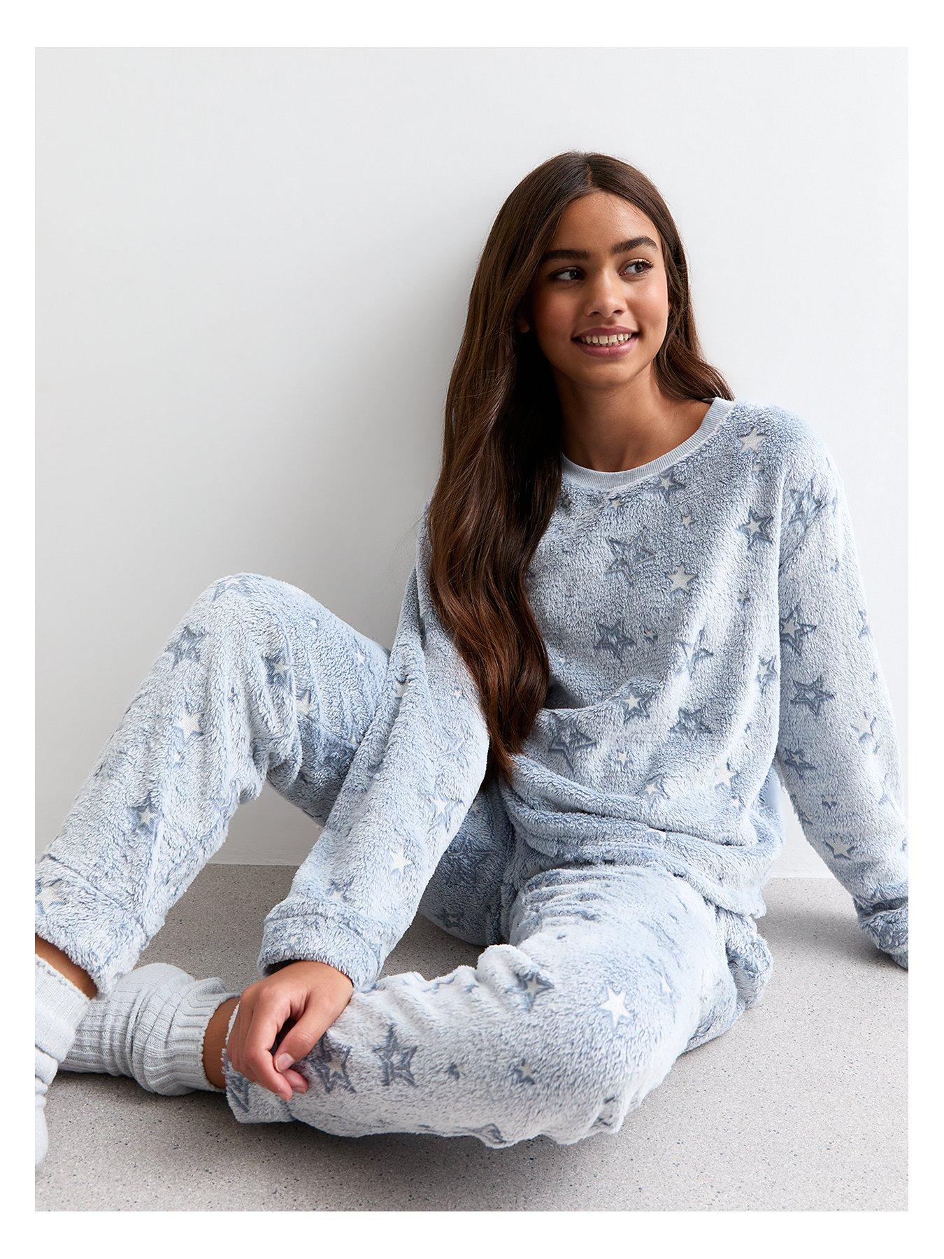 new-look-915-girls-blue-metallic-star-fleece-long-pyjama-set