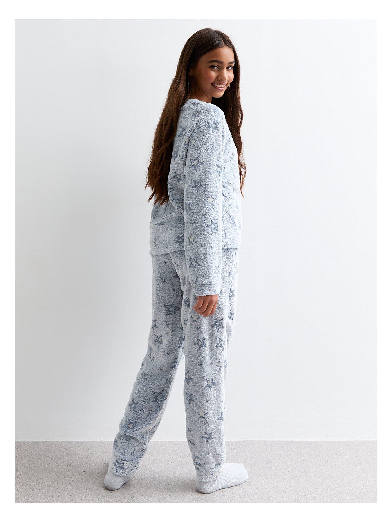 new-look-915-girls-blue-metallic-star-fleece-long-pyjama-setback