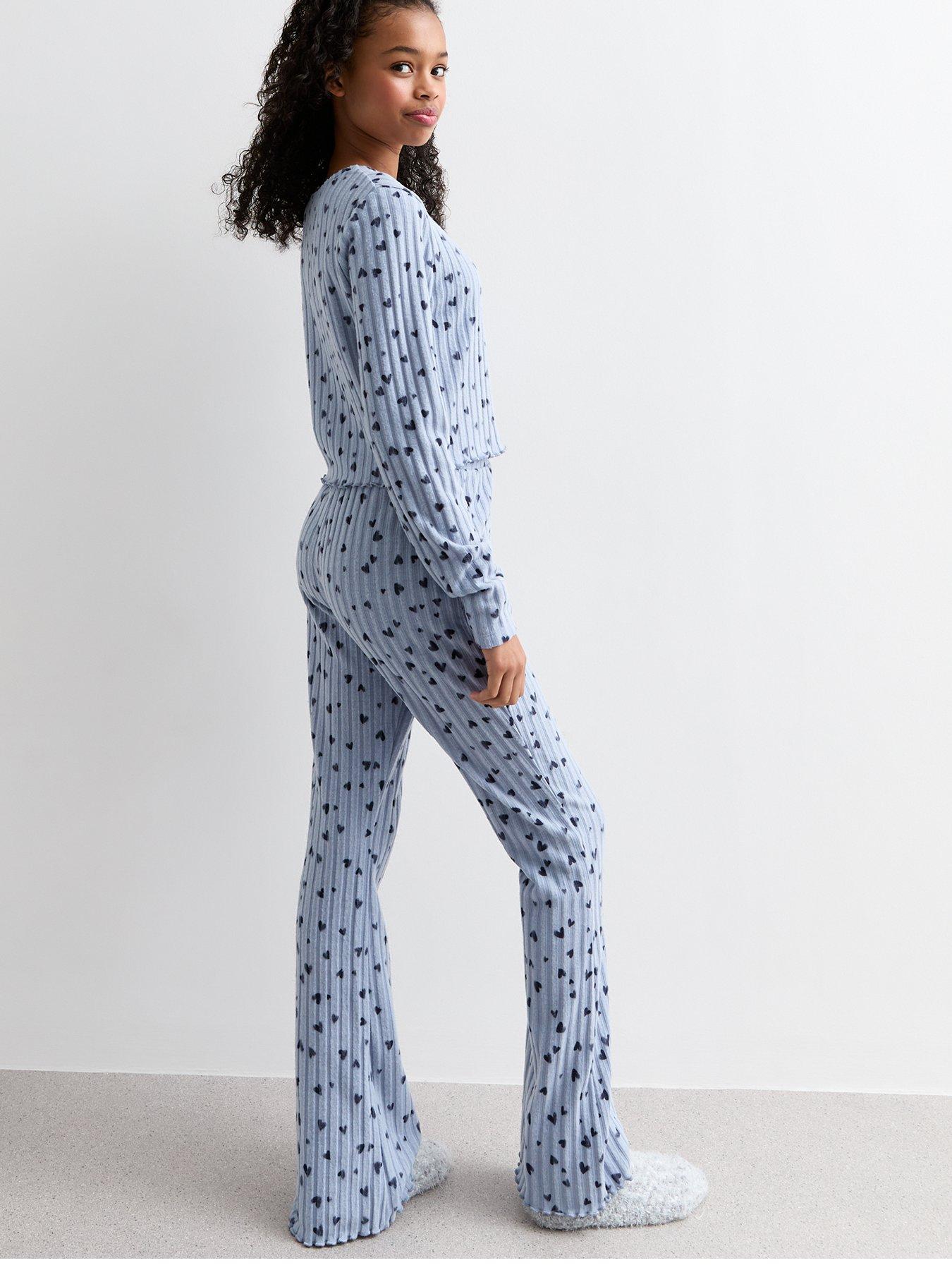 new-look-915-girls-blue-heart-print-ribbed-jersey-pyjama-setback