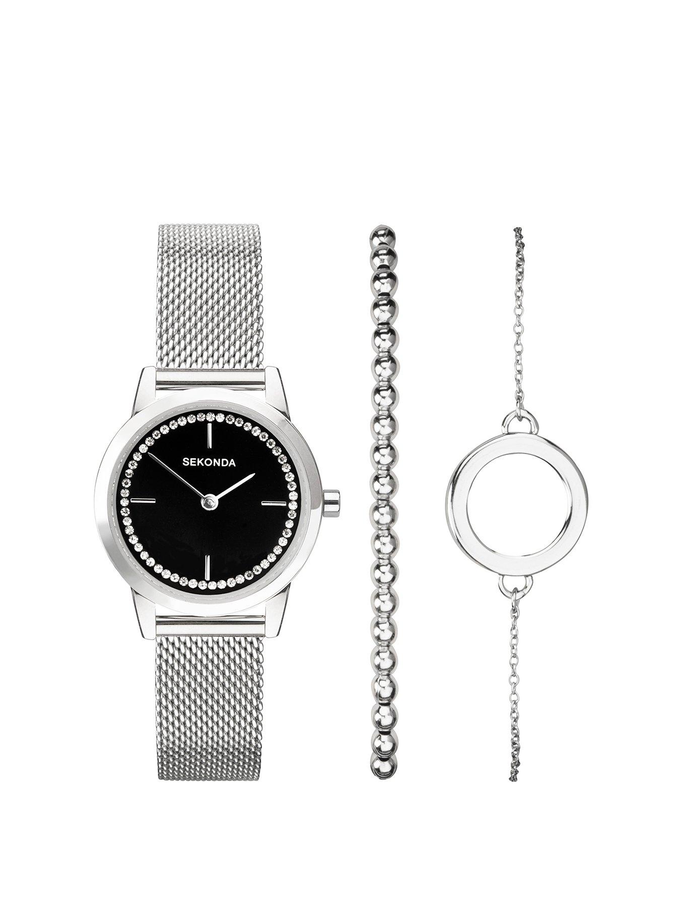 sekonda-sekonda-womens-classic-silver-stainless-steel-bracelet-with-black-dial-analogue-gift-set