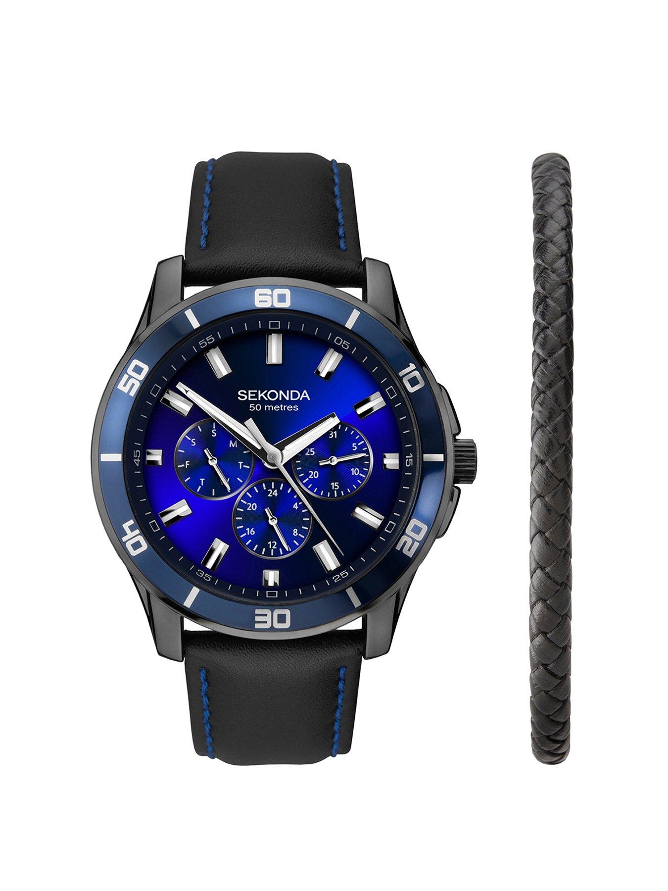 Image 1 of 6 of Sekonda Men's Midnight Black Leather Bracelet Watch&nbsp;with Sunray Dark Blue Dial Analogue Gift Set