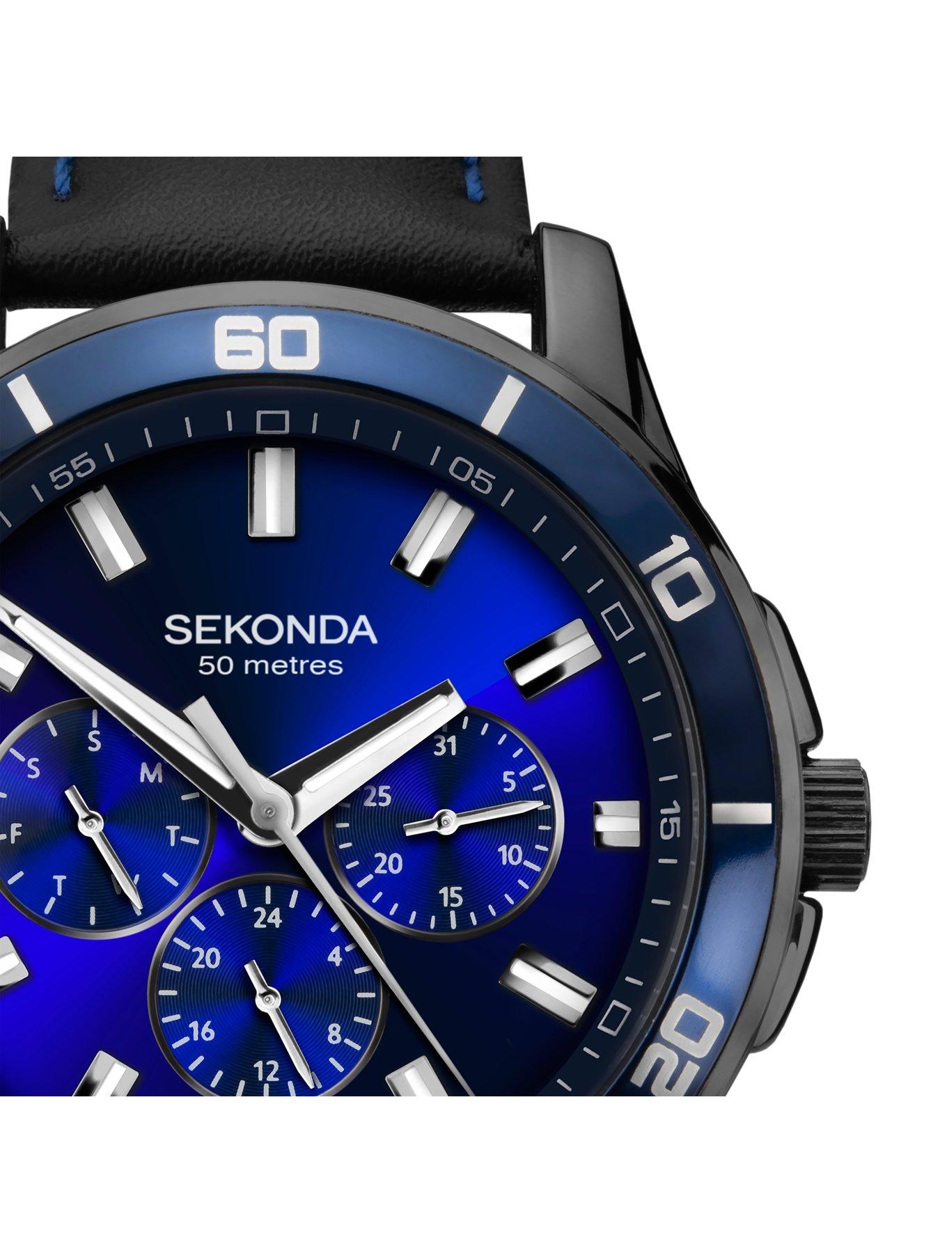 Image 2 of 6 of Sekonda Men's Midnight Black Leather Bracelet Watch&nbsp;with Sunray Dark Blue Dial Analogue Gift Set