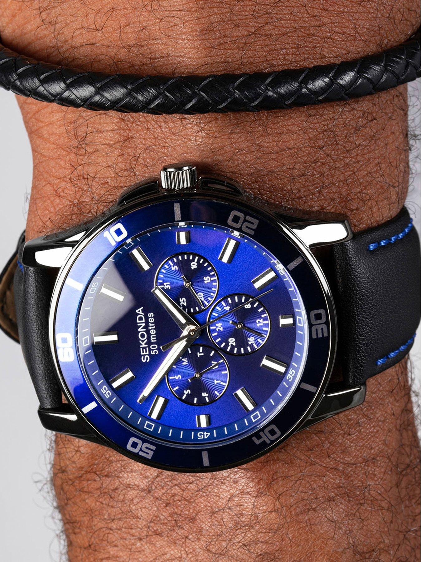 Image 3 of 6 of Sekonda Men's Midnight Black Leather Bracelet Watch&nbsp;with Sunray Dark Blue Dial Analogue Gift Set