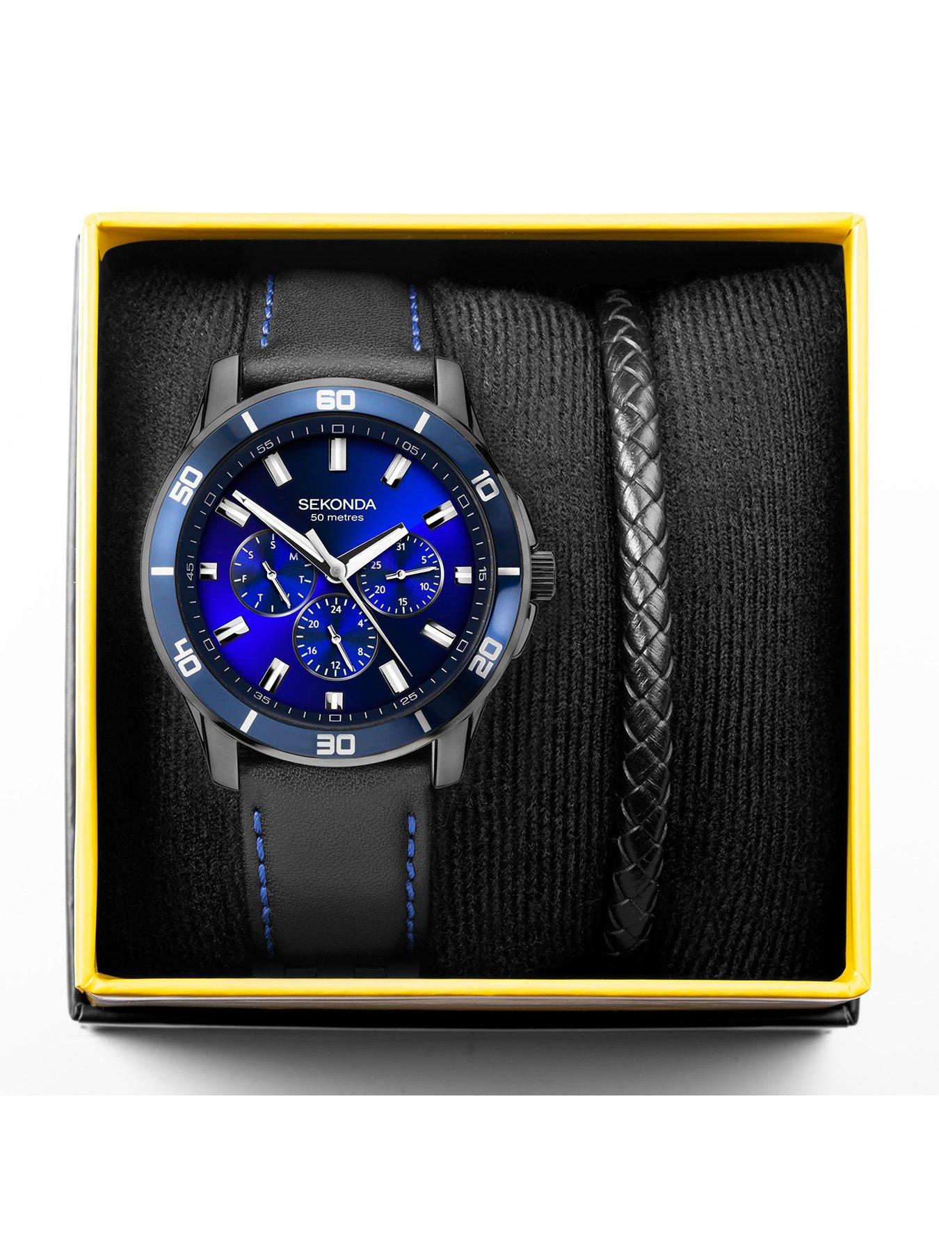 Image 4 of 6 of Sekonda Men's Midnight Black Leather Bracelet Watch&nbsp;with Sunray Dark Blue Dial Analogue Gift Set