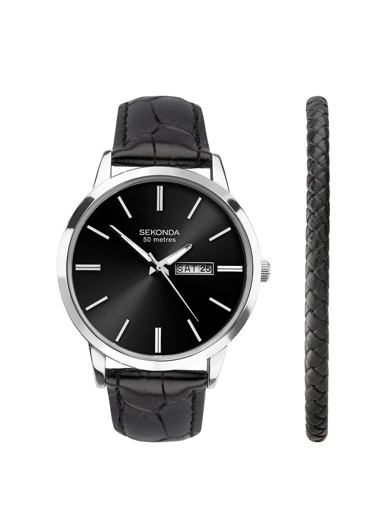 Sekonda Men's Jackson Black Leather Bracelet Watch with Sunray Black Dial Analogue Gift Set