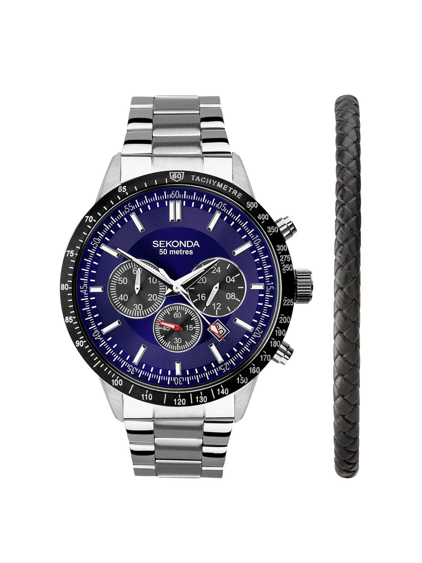 undefined Sekonda Mens Velocity Silver Stainless Steel Bracelet with Blue Dial Chronograph Gift Set