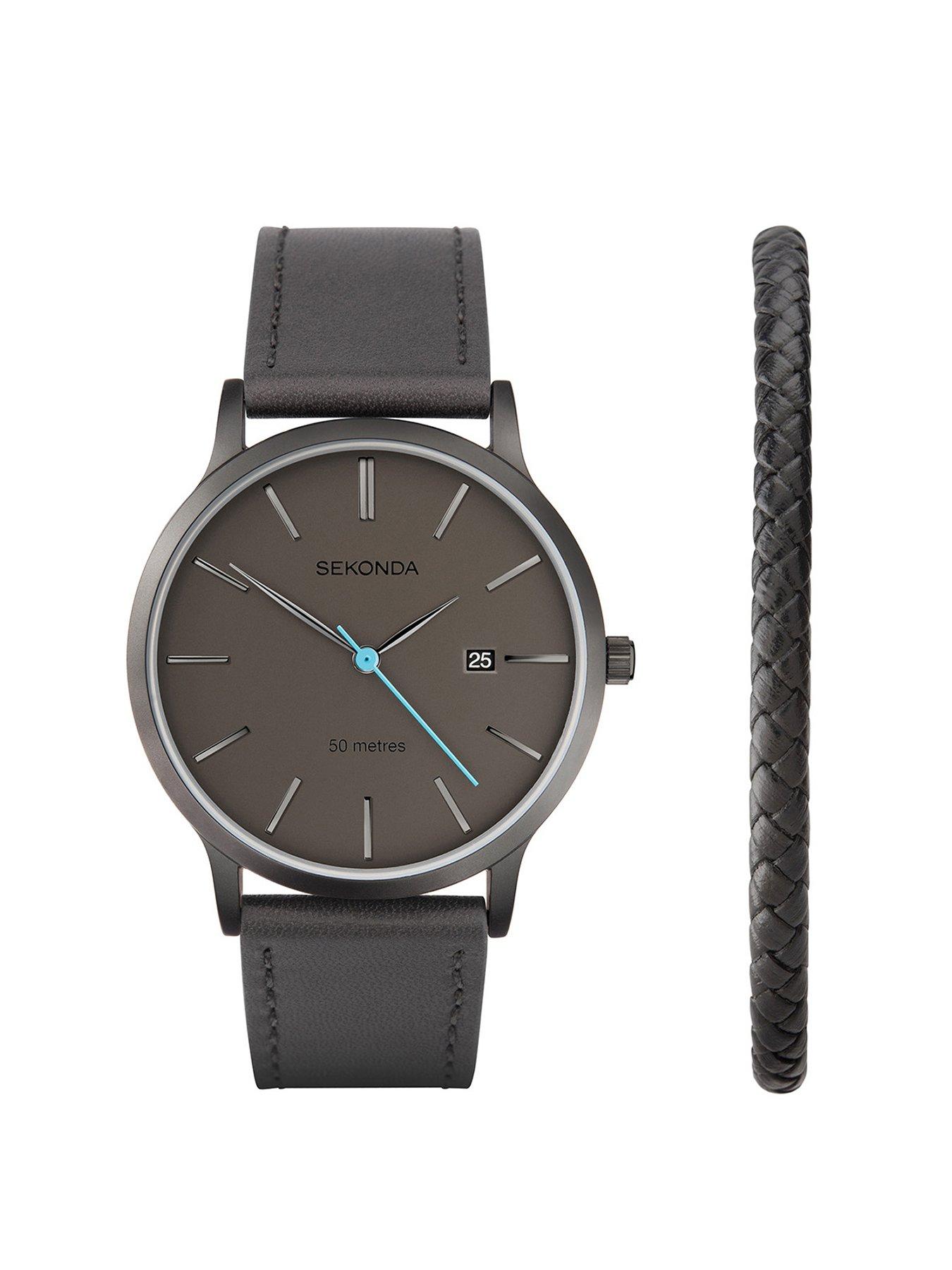 Sekonda Mens Dark Grey Leather Bracelet Watch with Dark Grey Dial Analogue Gift Set