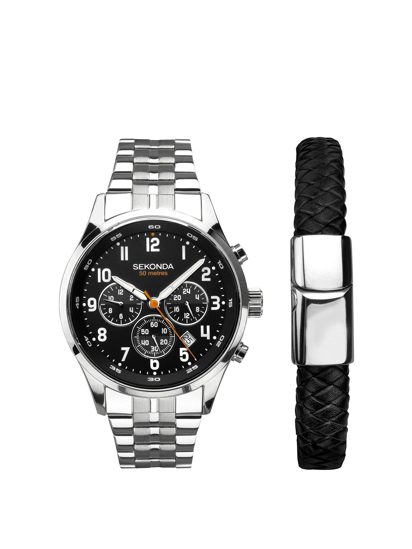 undefined Sekonda Mens Silver Stainless Steel Bracelet with Black Dial Chronograph Gift Set