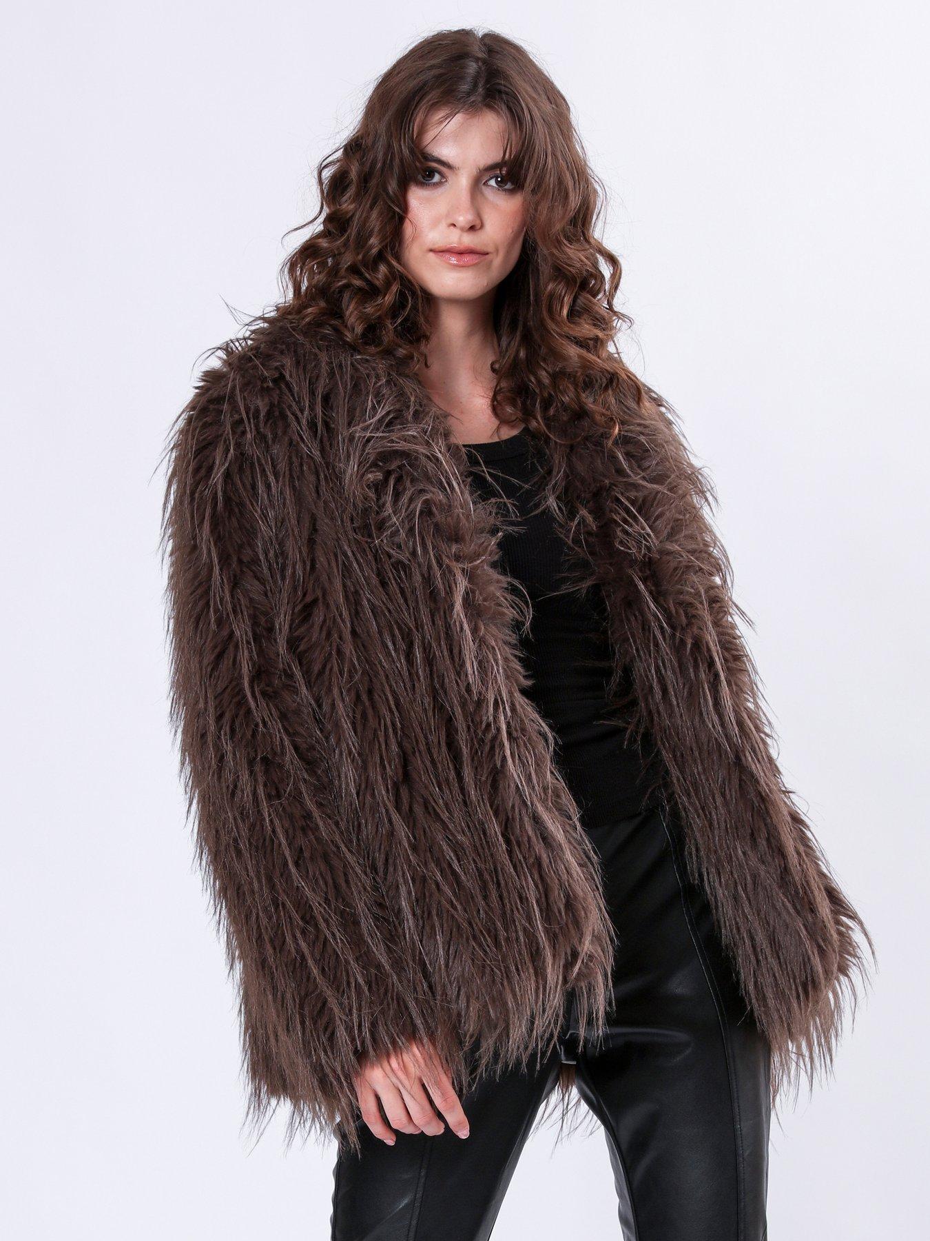 Religion Short Faux Fur Coat - Brown