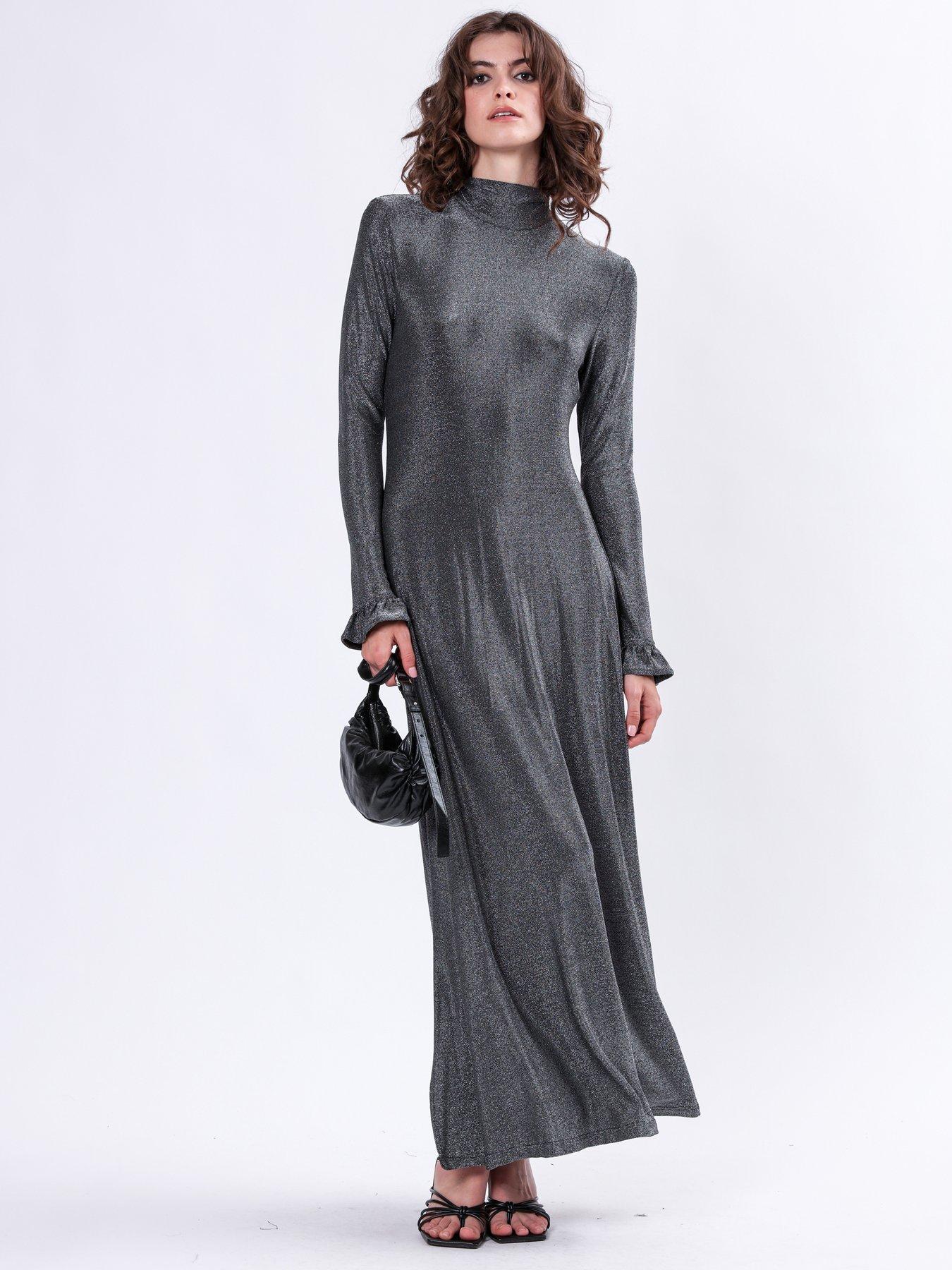 religion-frill-cuff-lurex-maxi-dress-grey