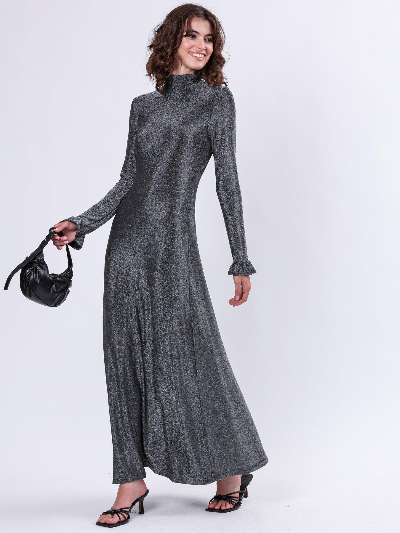 religion-frill-cuff-lurex-maxi-dress-greyback