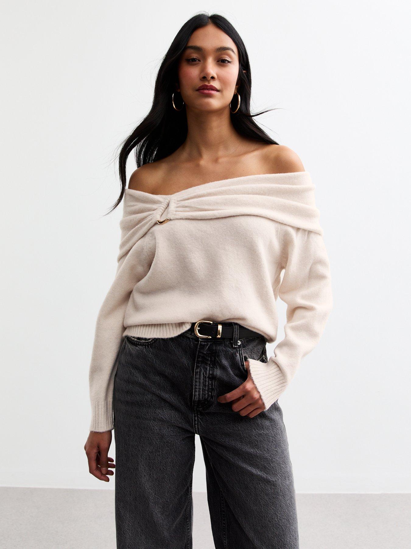 new-look-ruched-hoop-bardot-jumper-cream