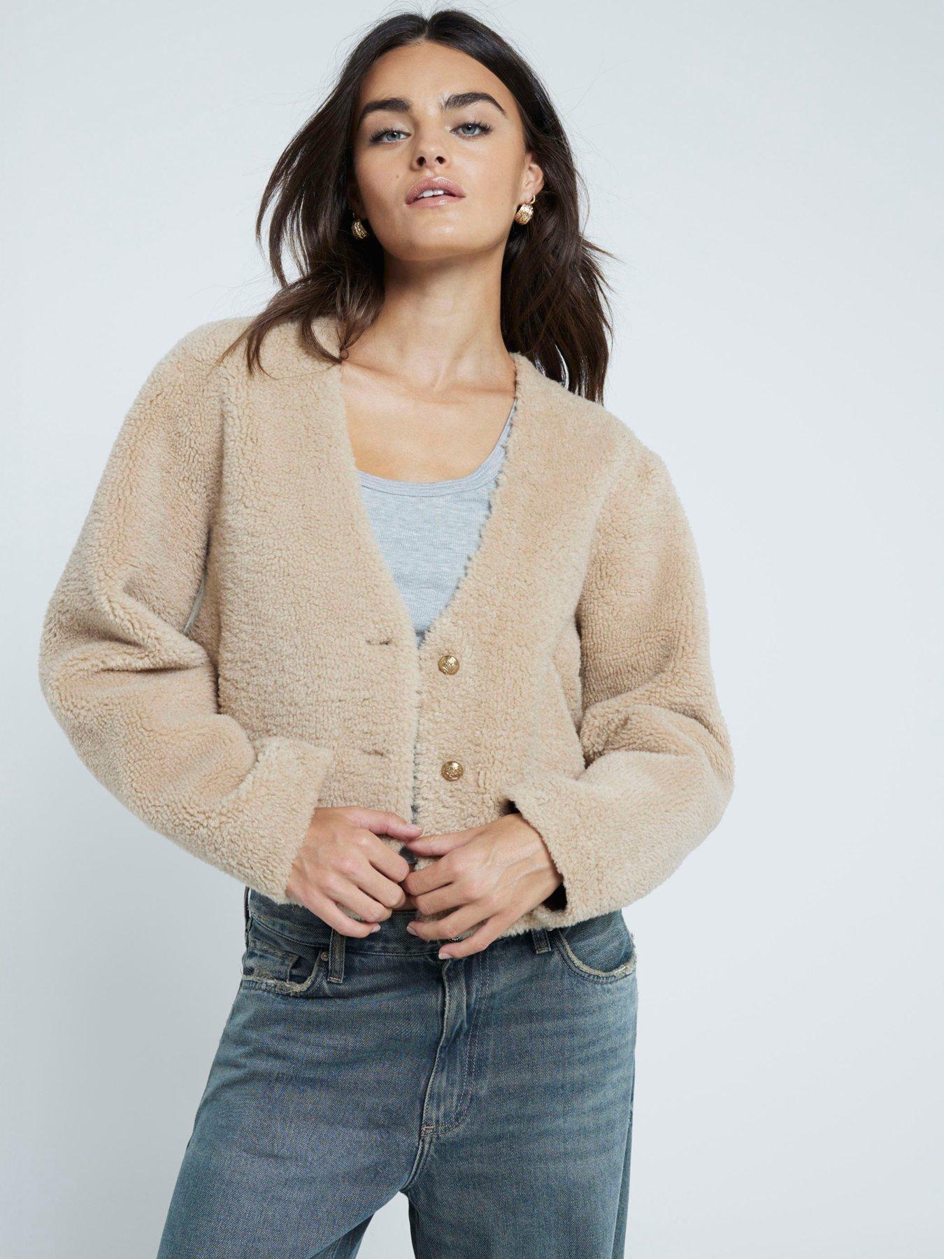 Image 1 of 6 of River Island Shearling Cardigan - Light Beige