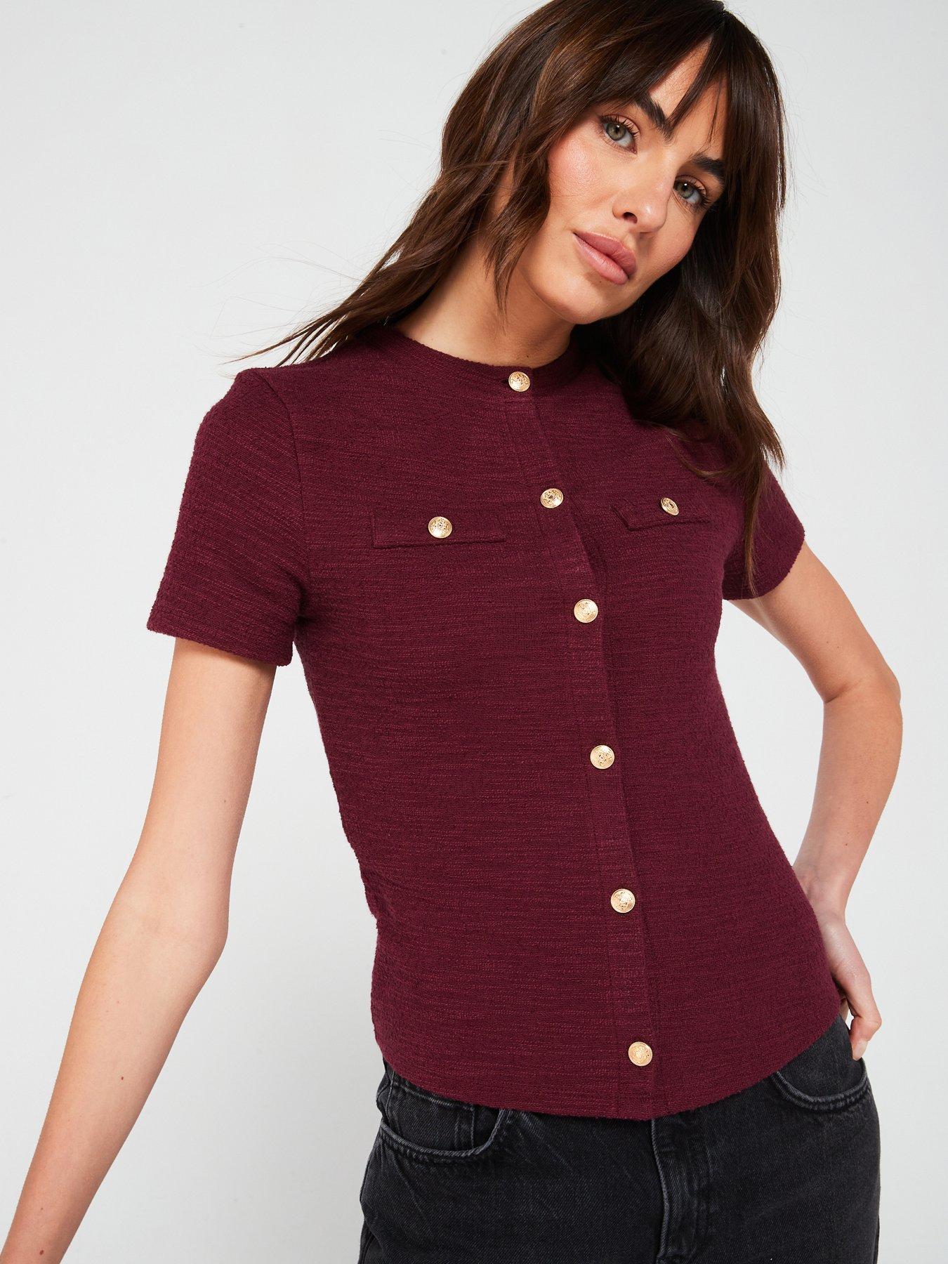 v-by-very-boucle-short-sleeve-cardigan-top-burgundy