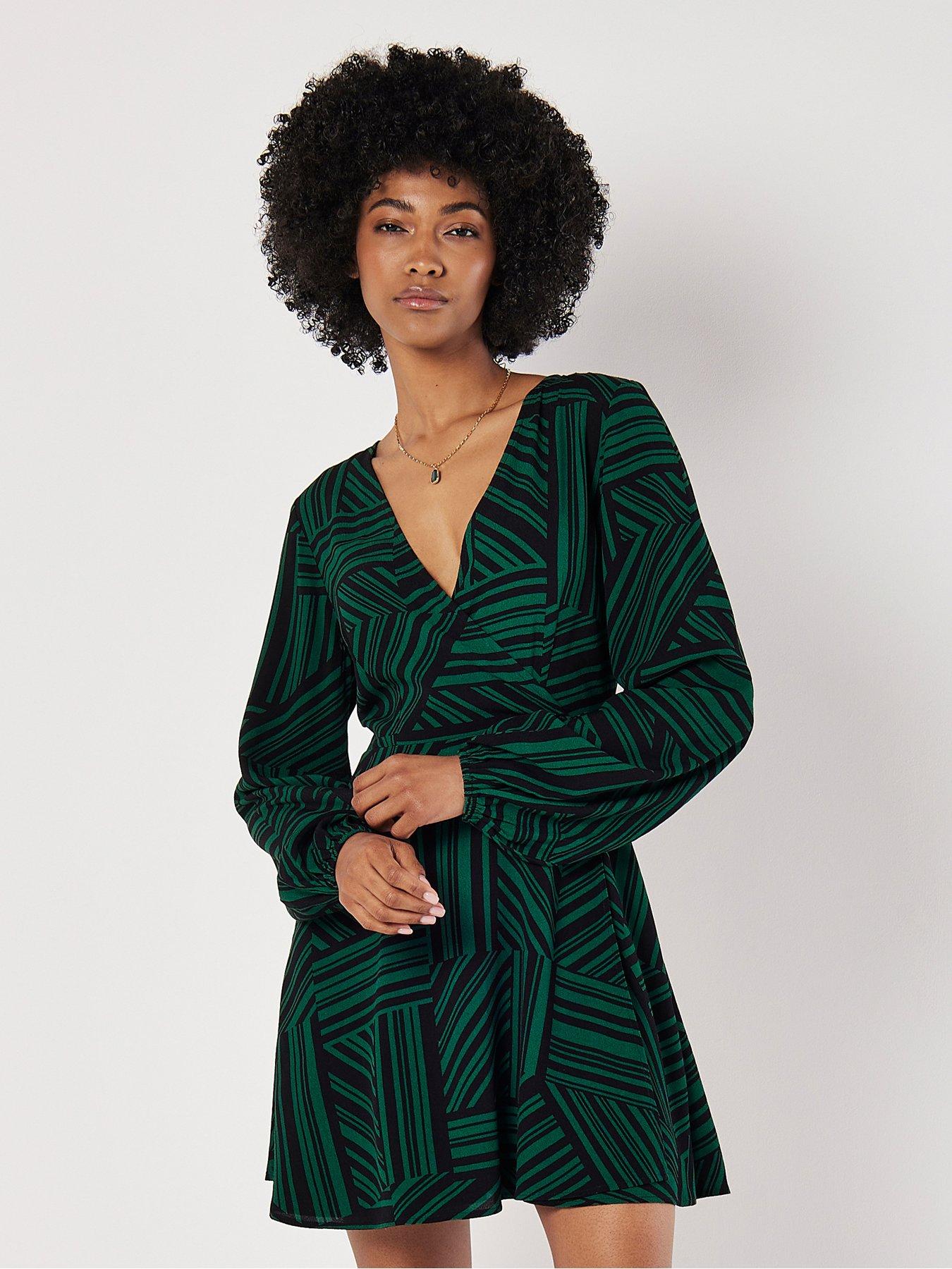 apricot-barcode-print-wrap-dress-green