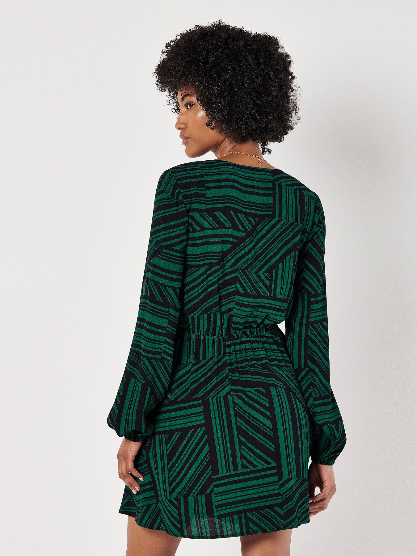 apricot-barcode-print-wrap-dress-greenstillFront