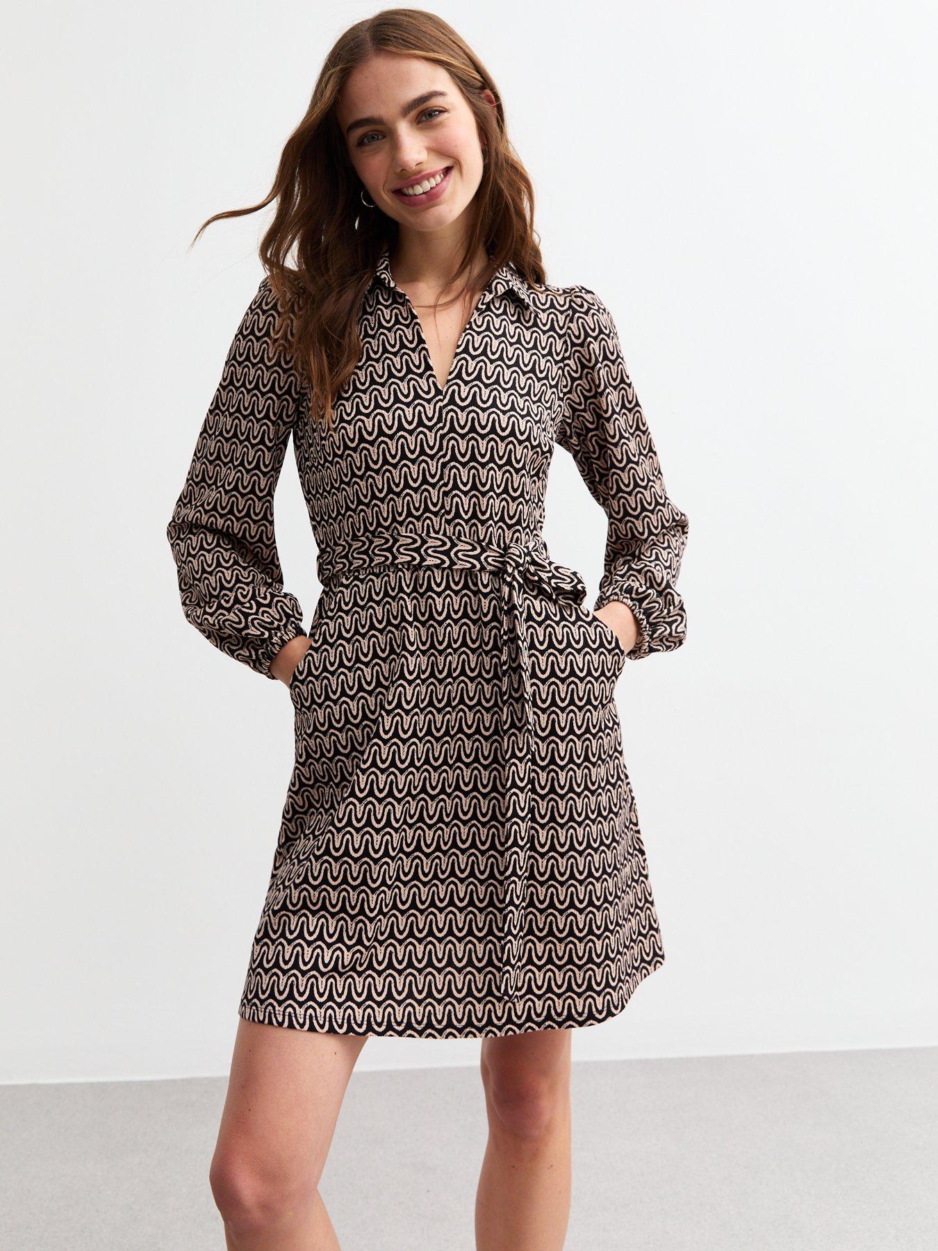 new-look-woven-wavey-pattern-mini-shirt-dress-brown