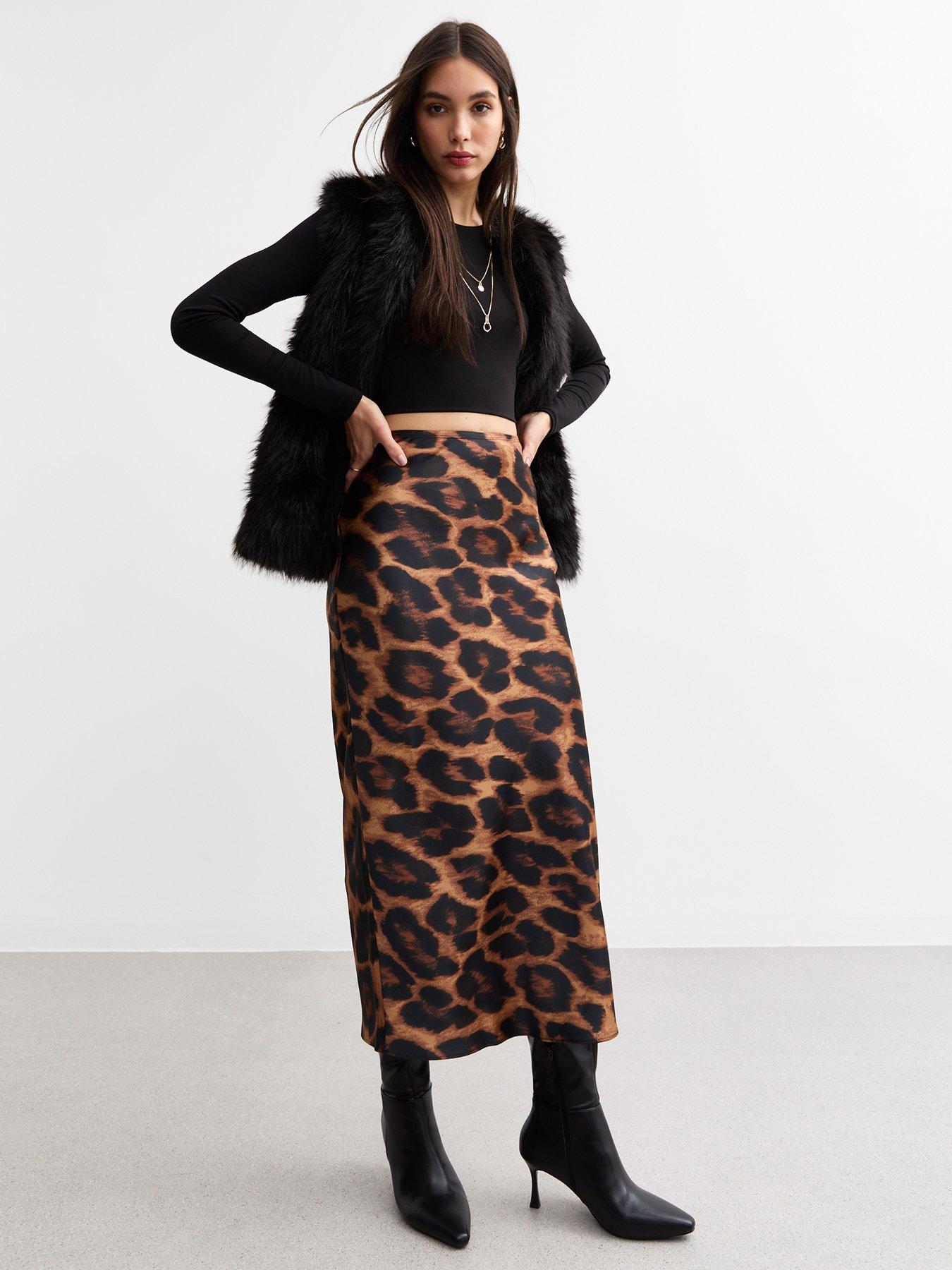 New Look Leopard Satin Midi Skirt - Brown