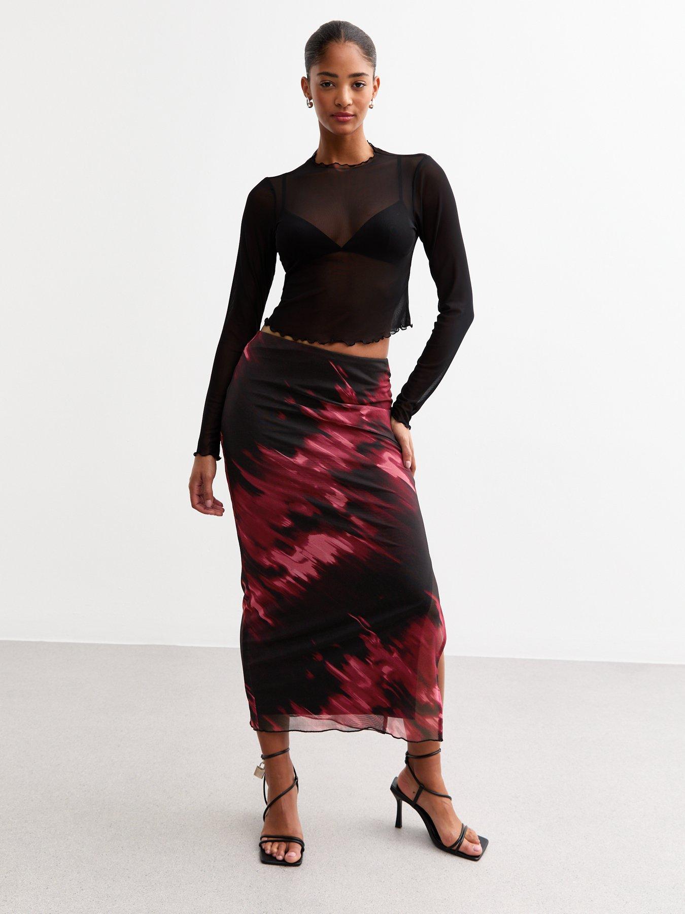 undefined Abstract Print Mesh Midi Skirt - Red