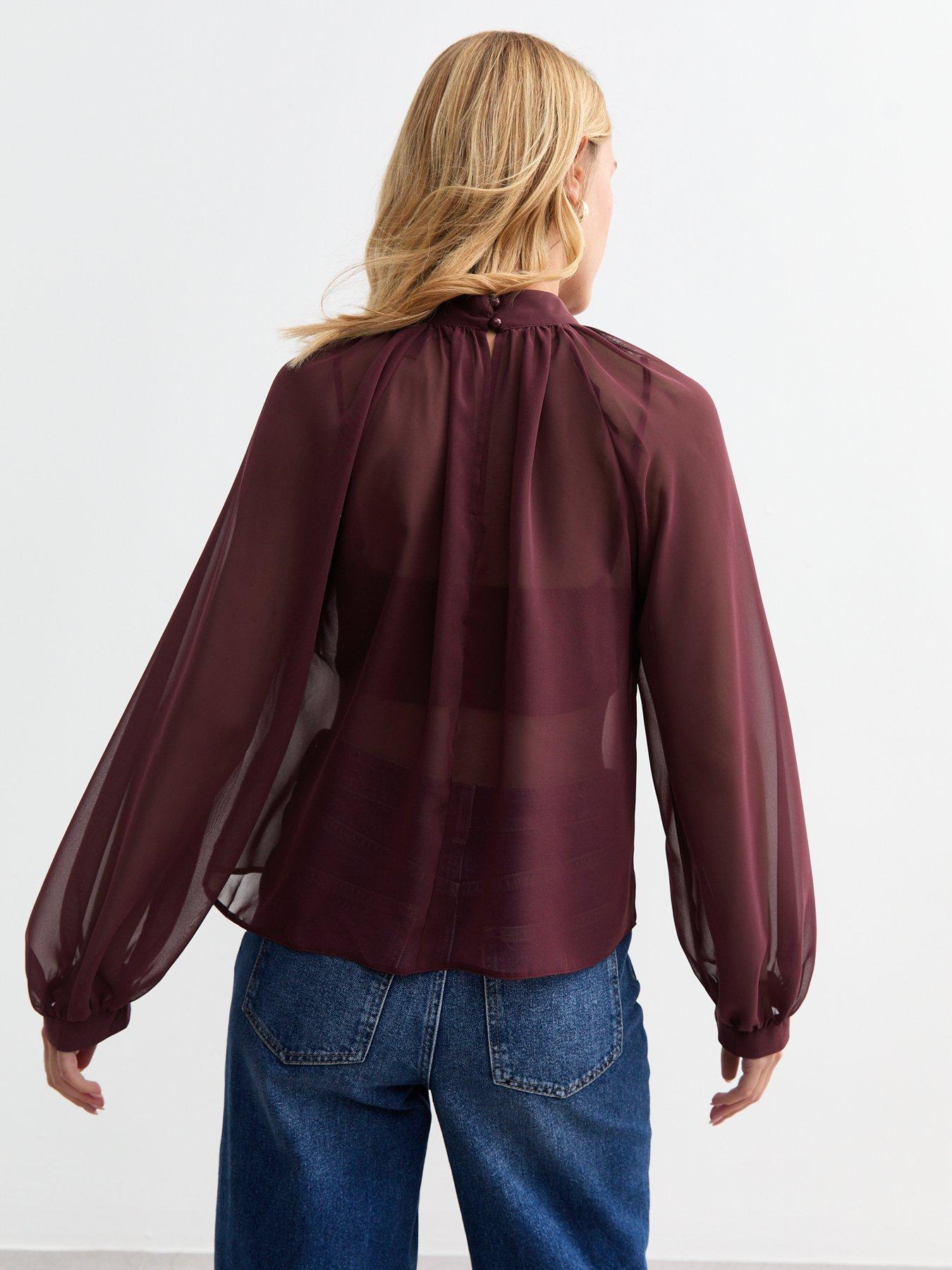 new-look-burgundy-chiffon-high-neck-blousestillFront