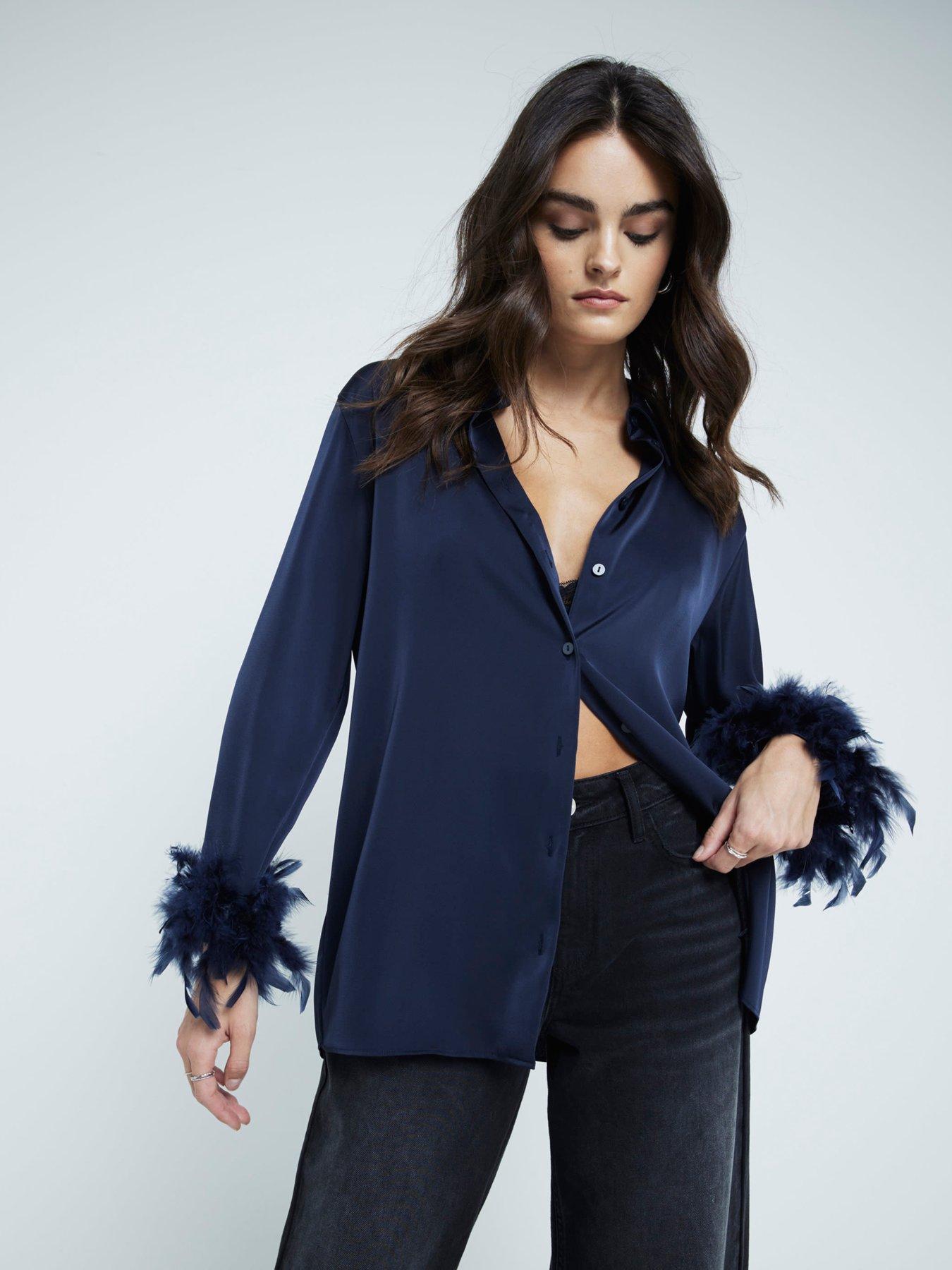 river-island-feather-cuff-oversized-shirt-navy