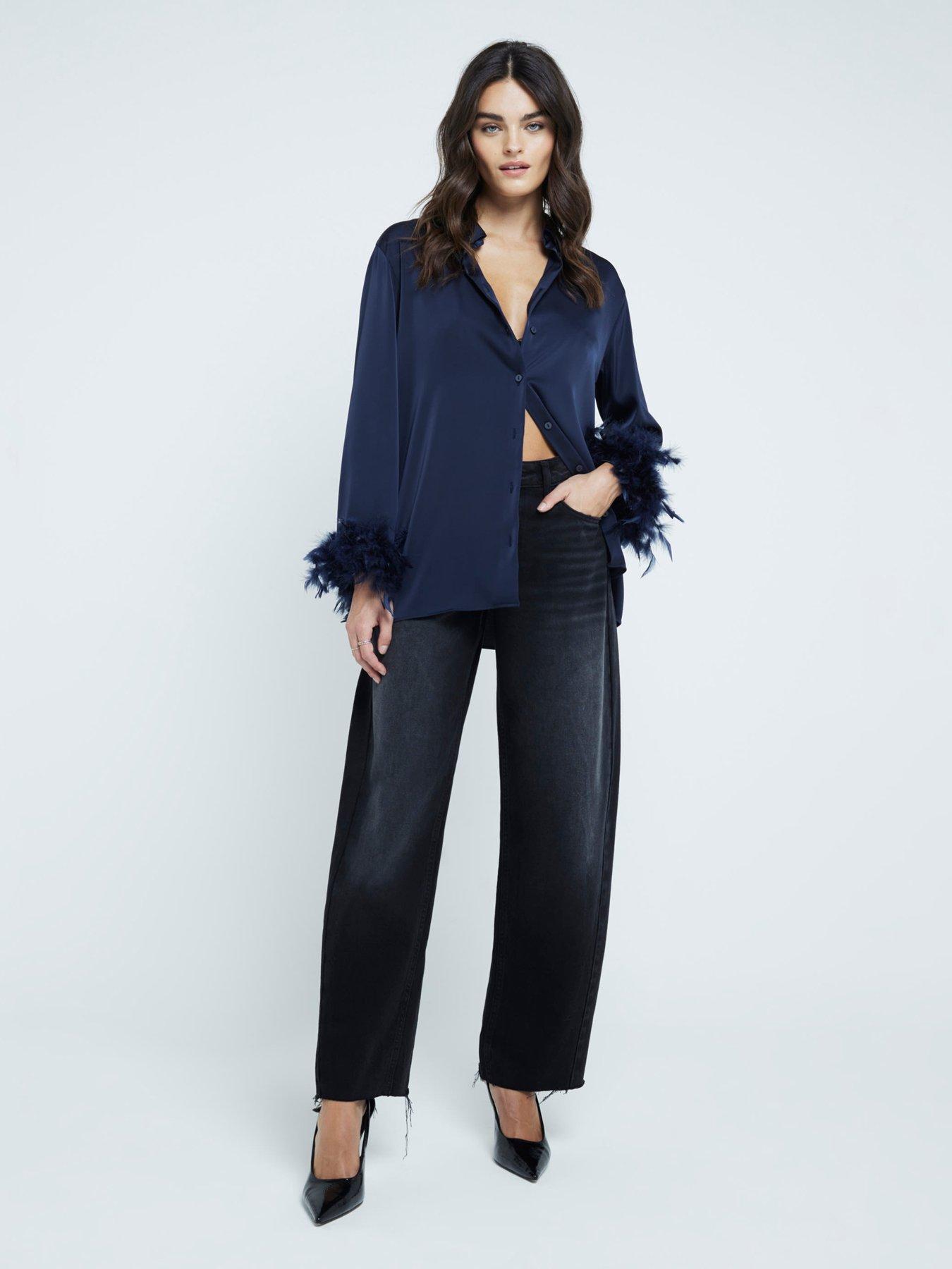 river-island-feather-cuff-oversized-shirt-navyback