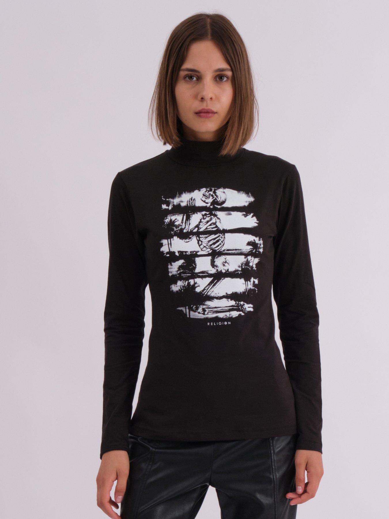 religion-skeleton-printed-edge-roll-neck-top-black