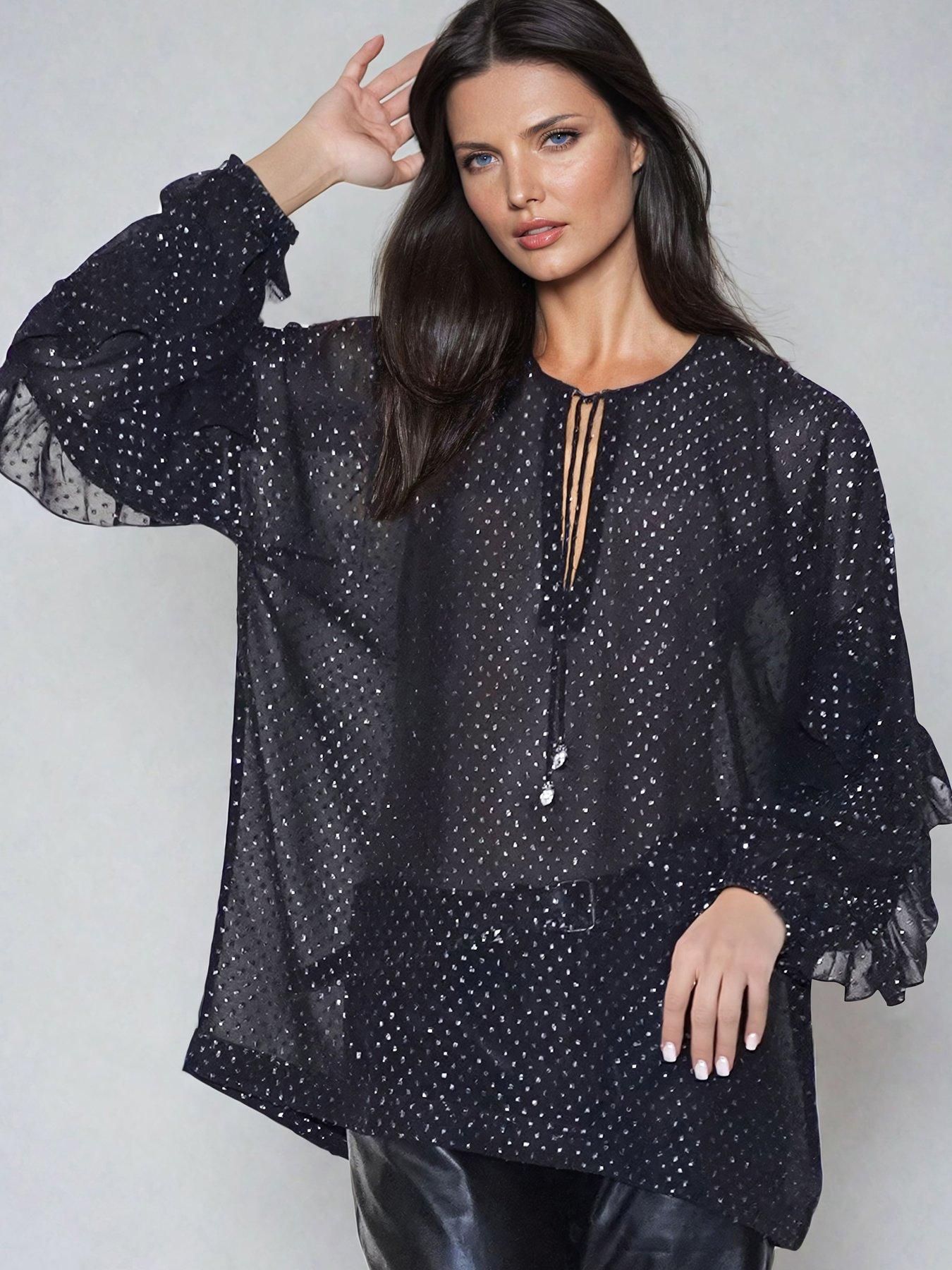 religion-oversized-lurex-sheer-tunic-blouse-black