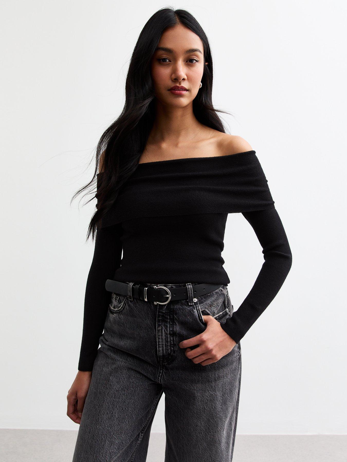 new-look-ribbed-knit-bardot-top-black