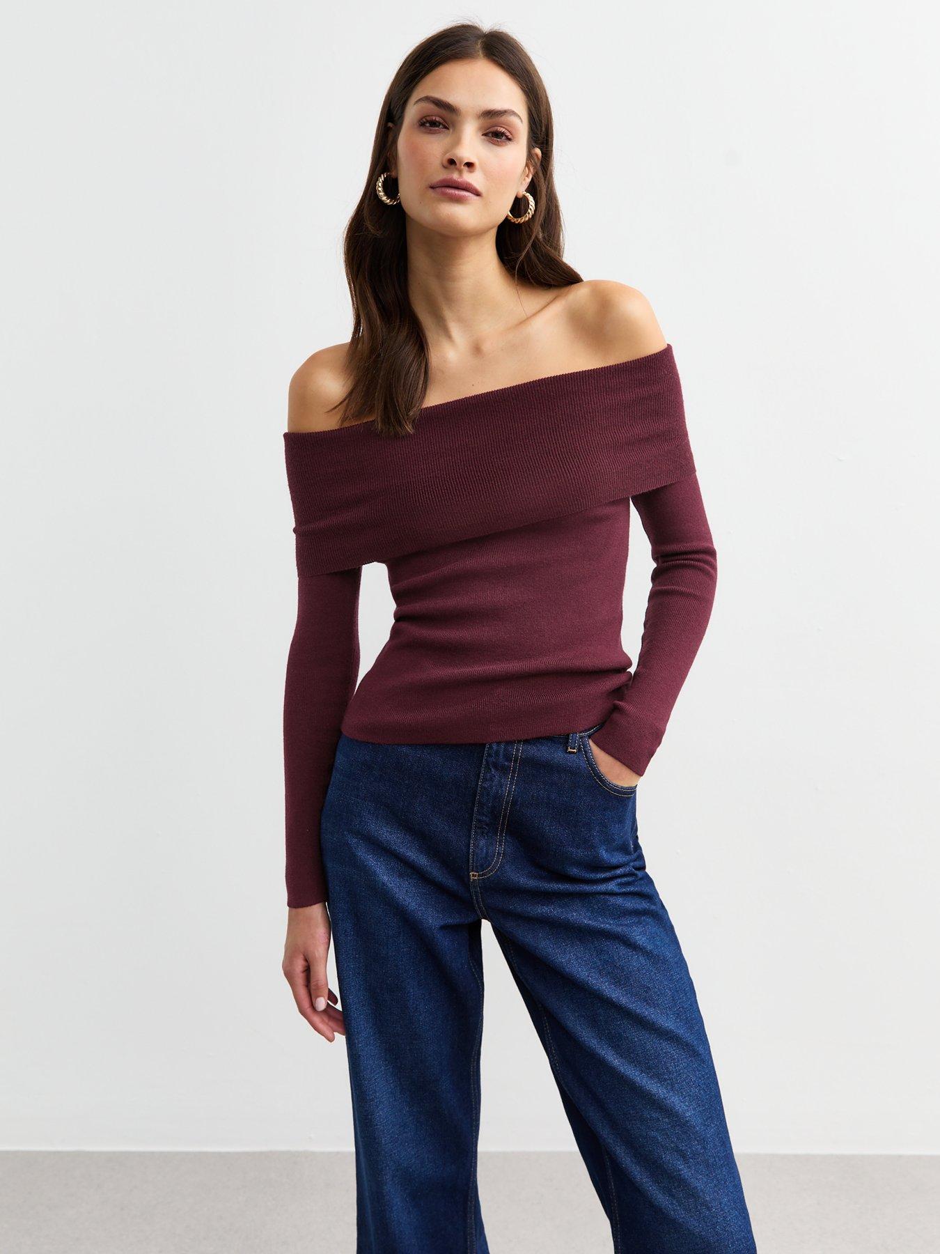 new-look-burgundy-ribbed-knit-bardot-top-red