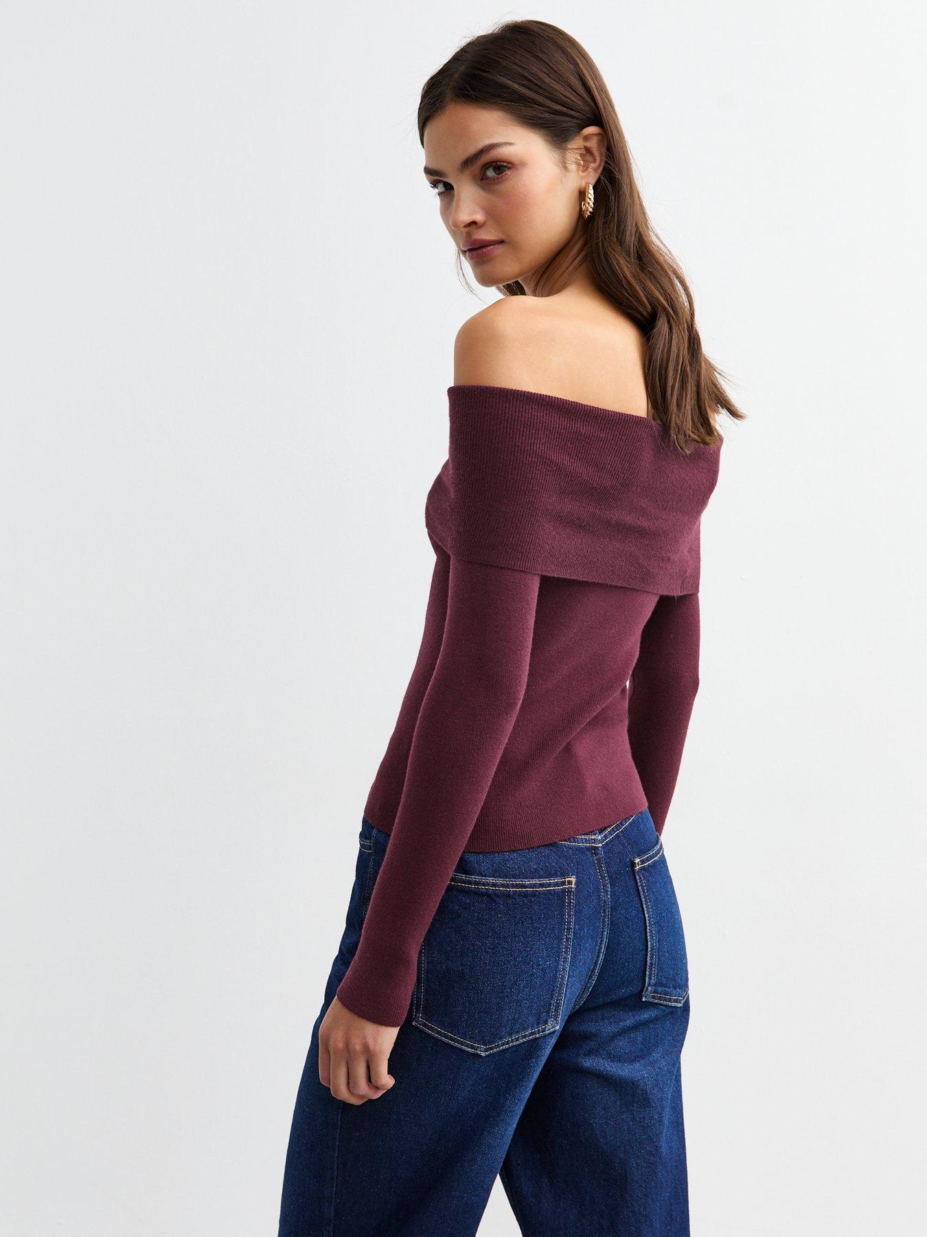 new-look-burgundy-ribbed-knit-bardot-top-redstillFront