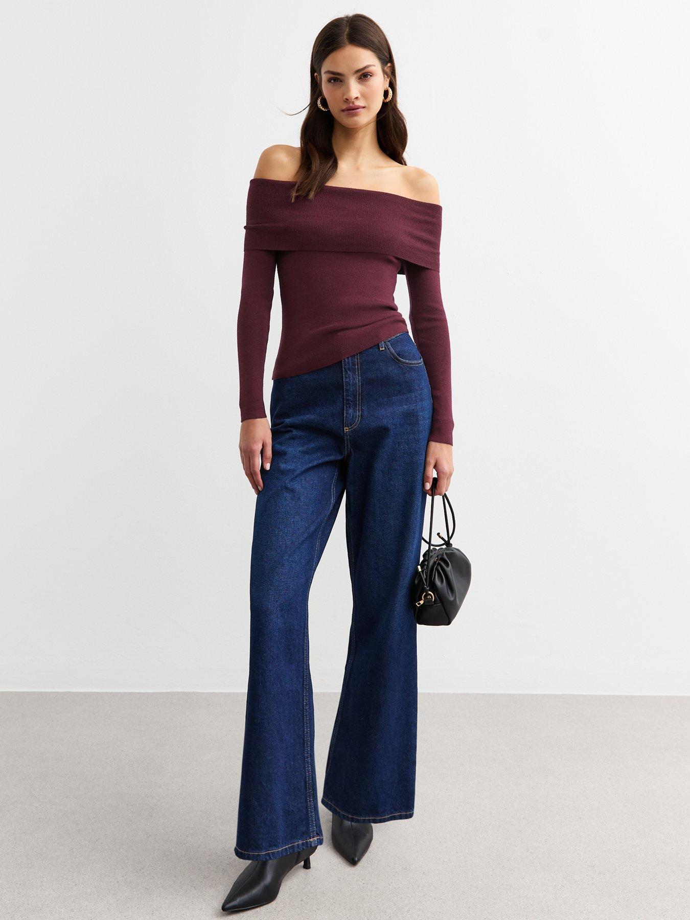 new-look-burgundy-ribbed-knit-bardot-top-redback