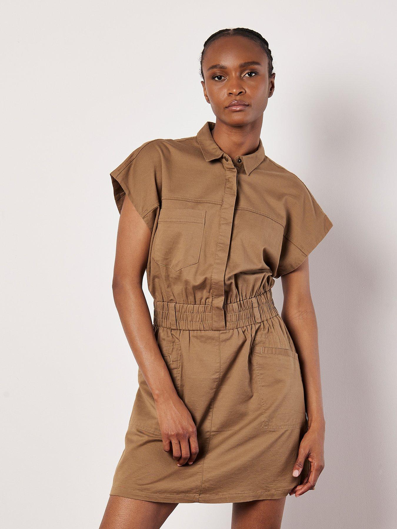 apricot-smocked-waist-utility-mini-dress-brown