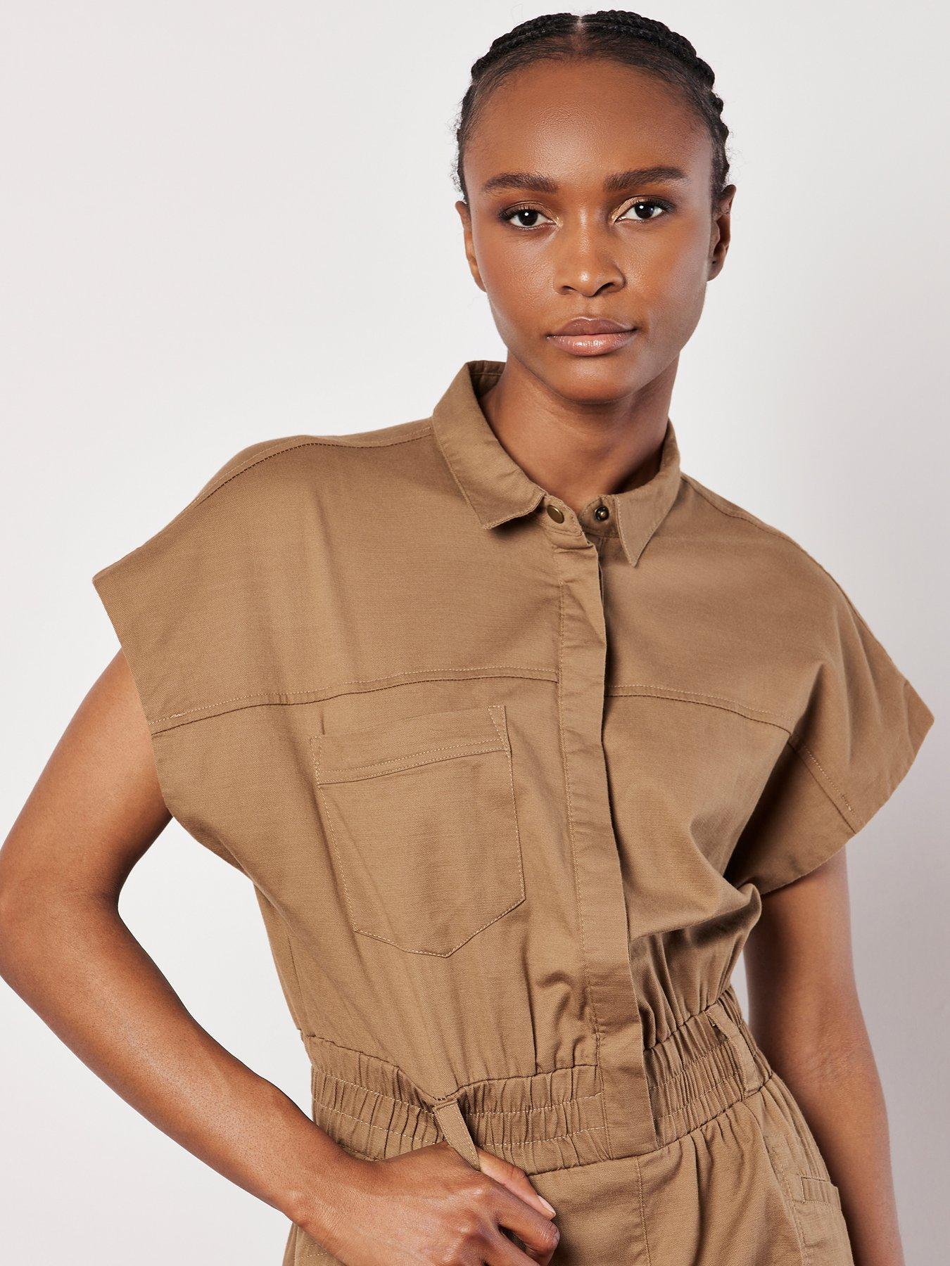 apricot-smocked-waist-utility-mini-dress-brownoutfit