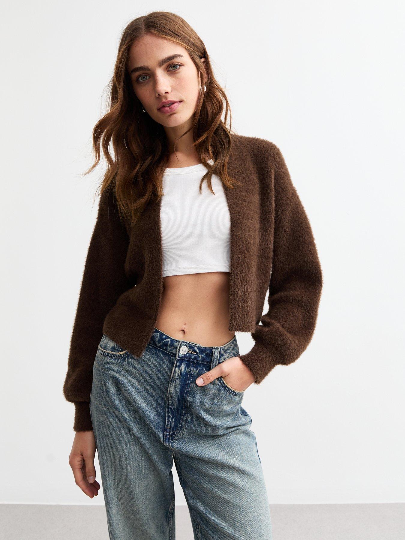 new-look-brown-metallic-thread-fluffy-crop-cardiganfront