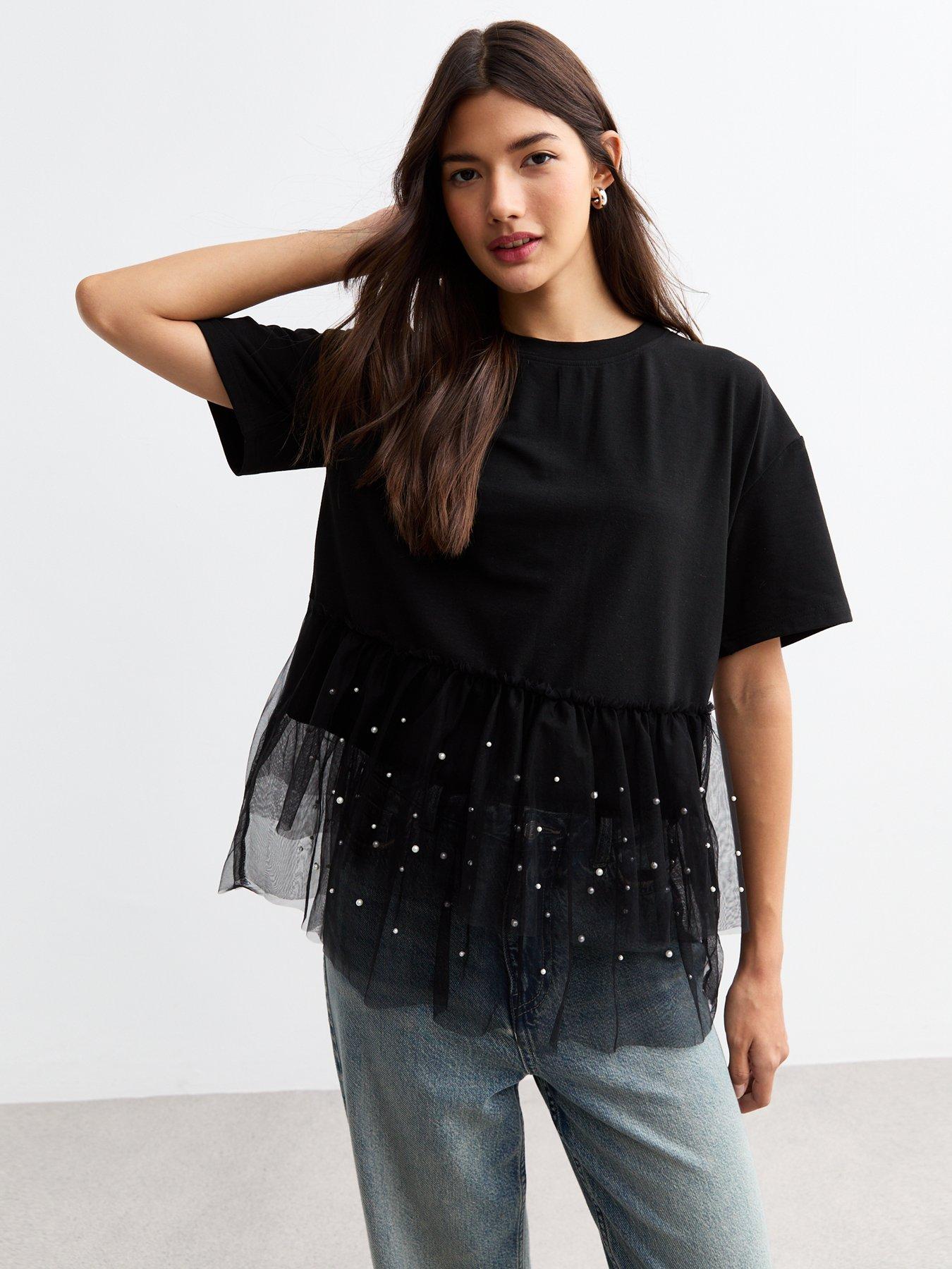 Image of New Look Faux Pearl Tulle And Jersey T-Shirt - Black