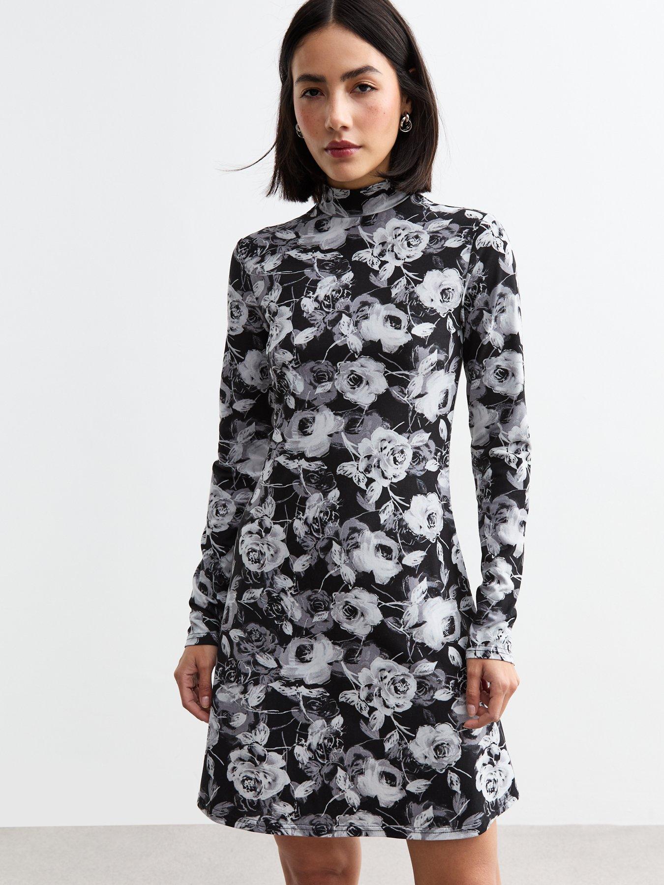 new-look-grey-rose-print-high-neck-long-sleeve-mini-dress