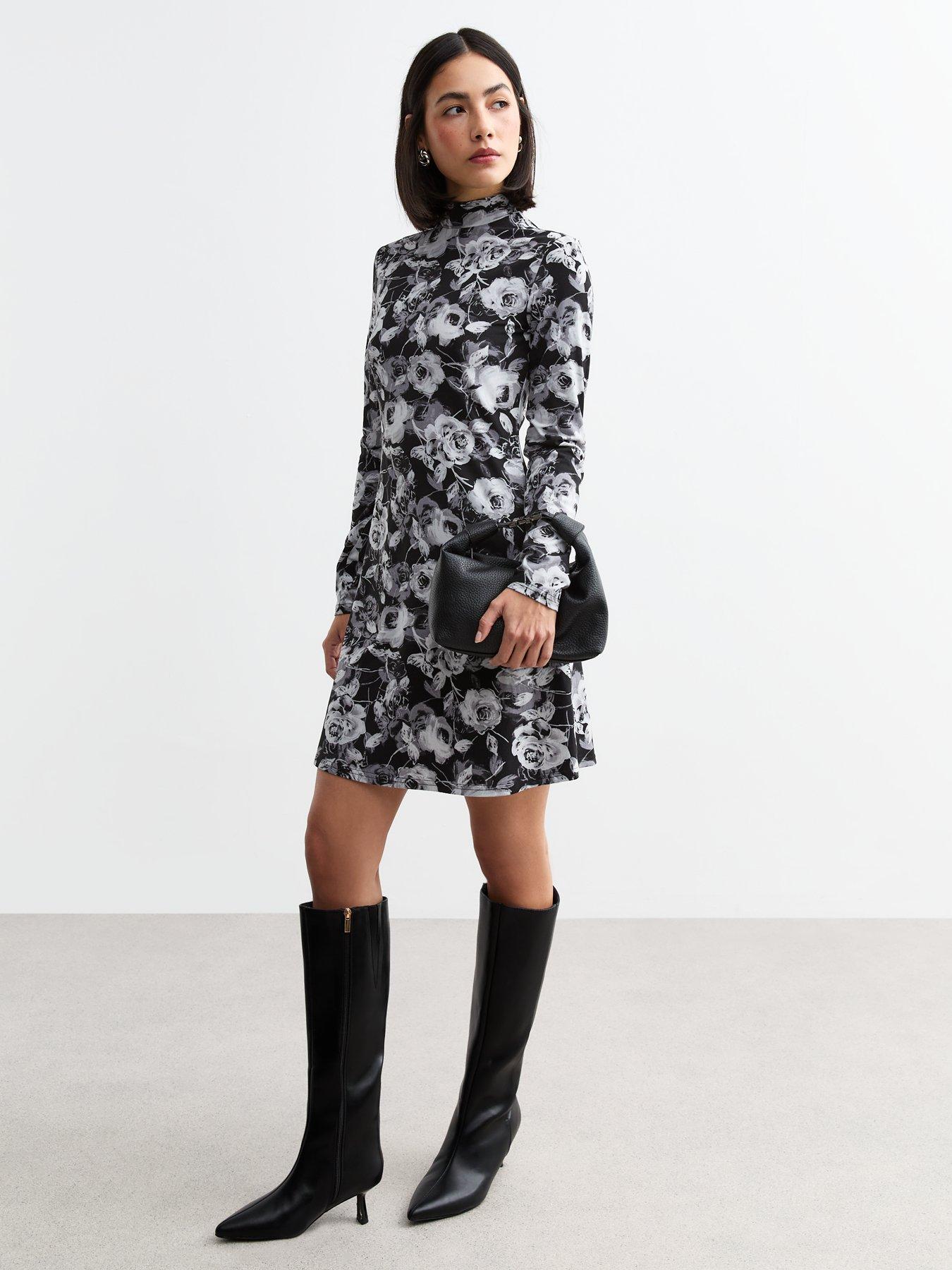 new-look-grey-rose-print-high-neck-long-sleeve-mini-dressback