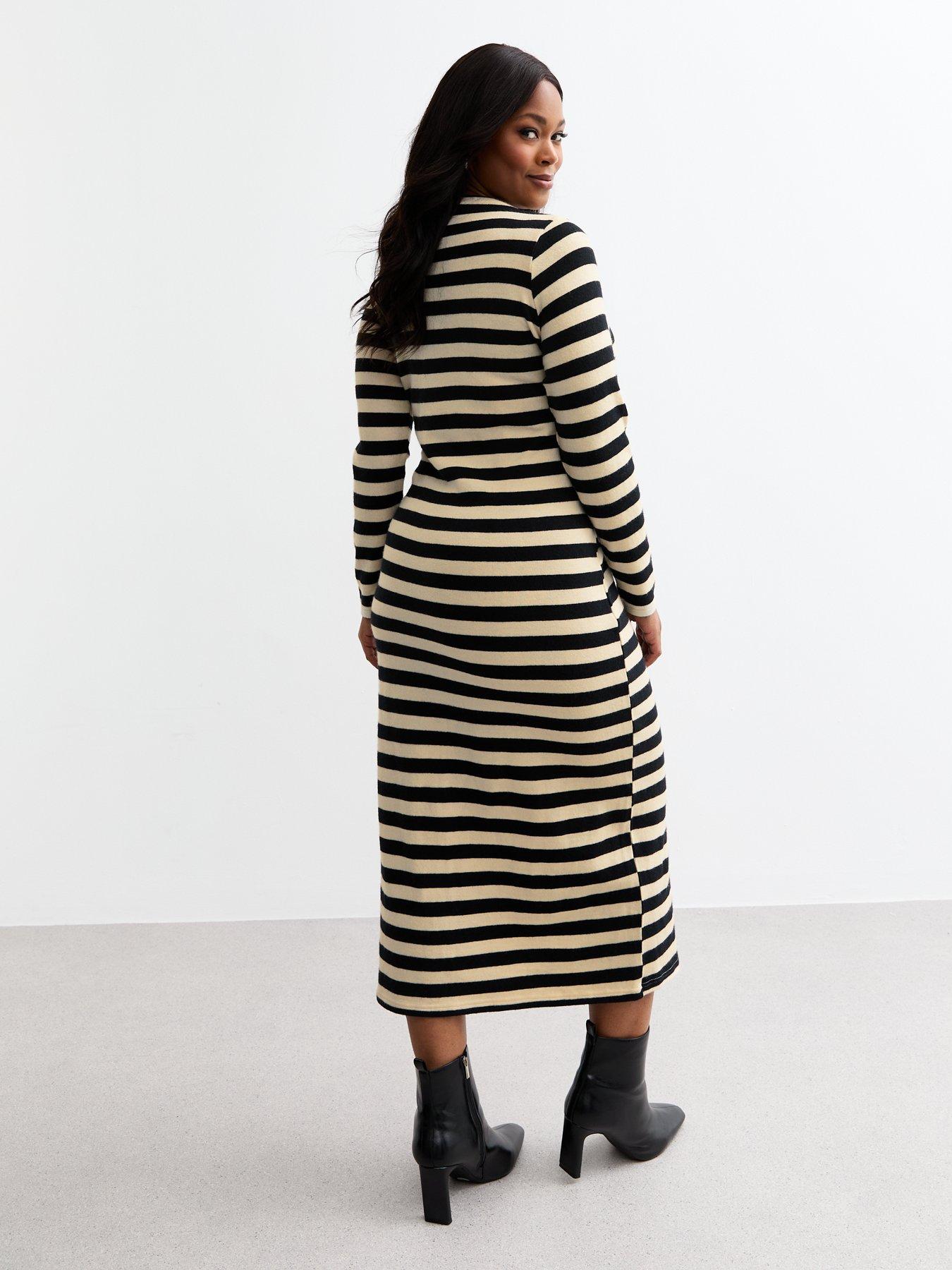 Image 2 of 4 of New Look Curves Striped Midi Dress - Cream/Black