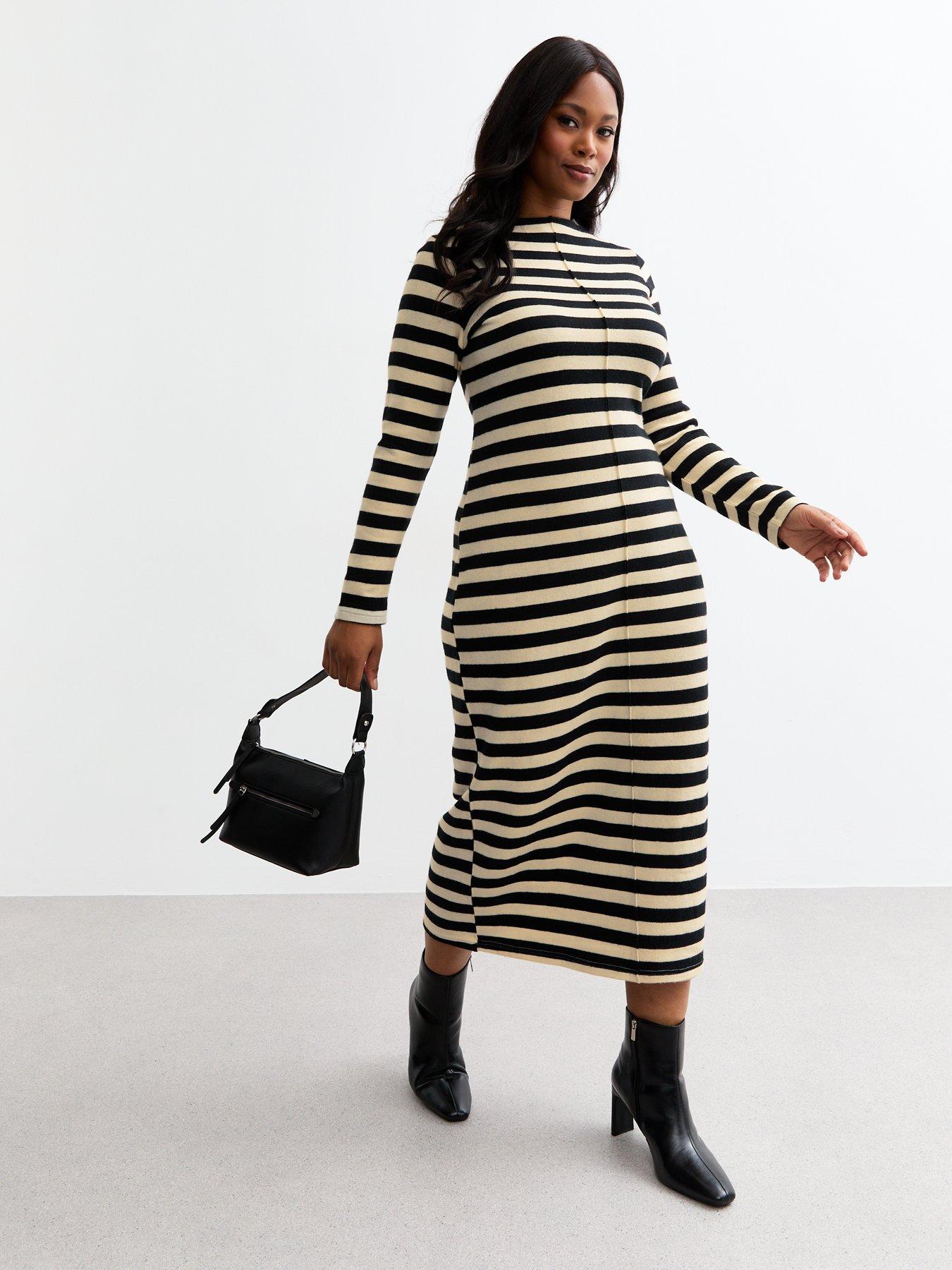 Image 3 of 4 of New Look Curves Striped Midi Dress - Cream/Black