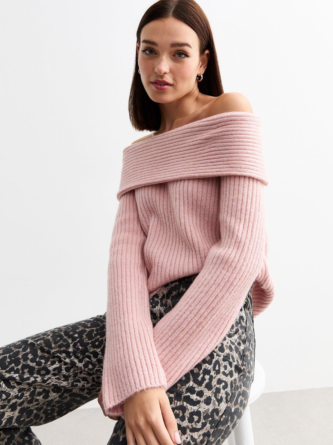 new-look-ribbed-knit-bardot-jumper-pink