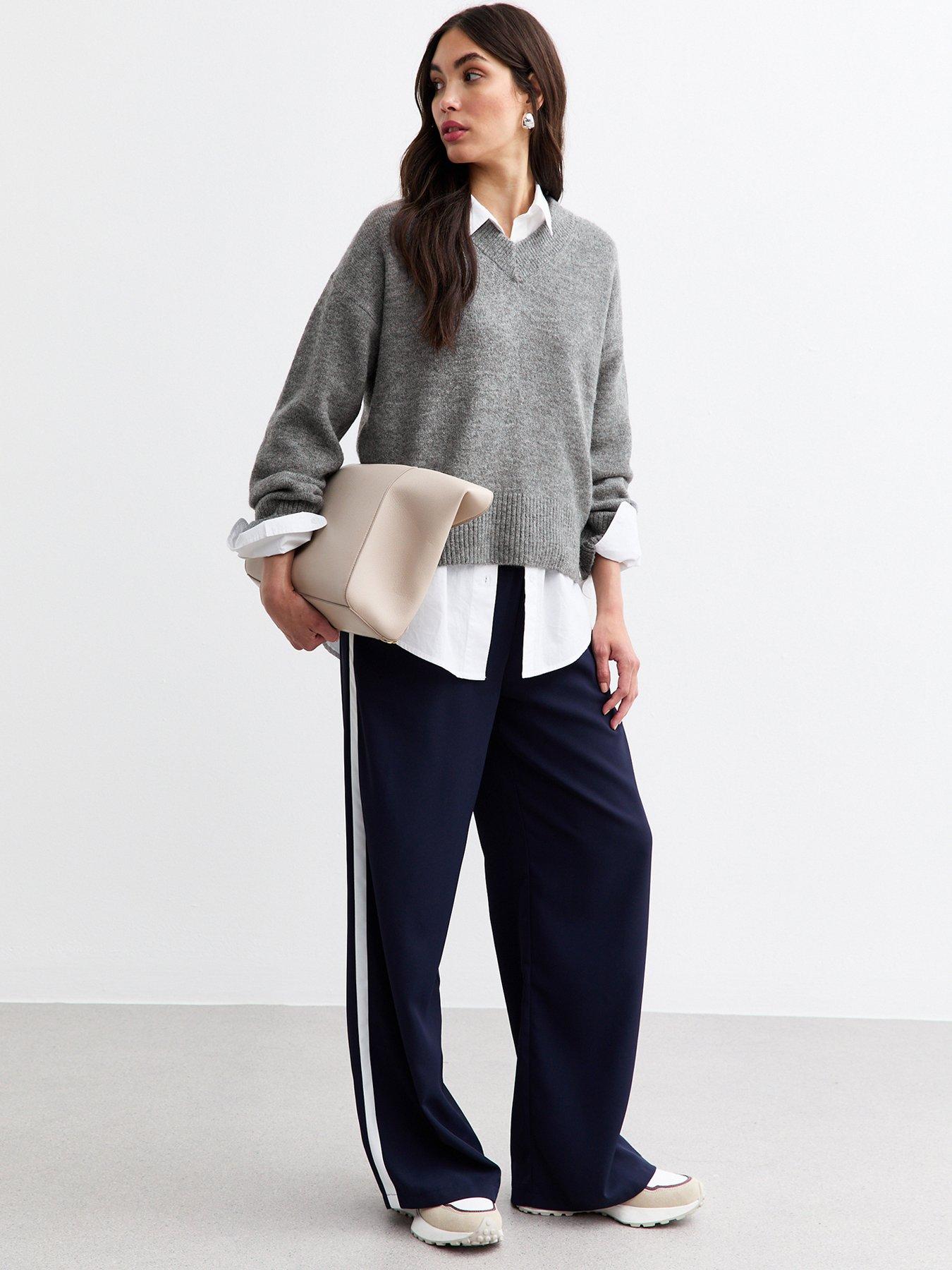 undefined High V Neck Jumper - Grey