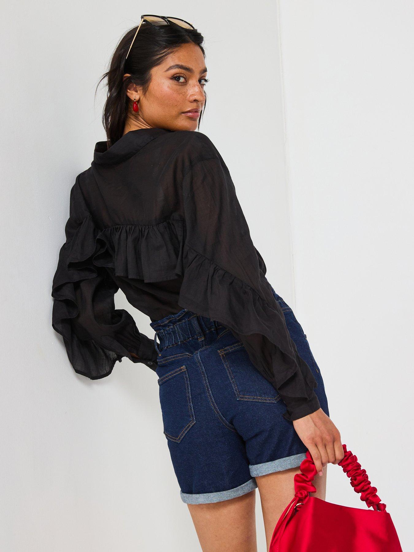 Image 1 of 6 of V by Very Frill Sleeve Rami Oversized Blouse - Black