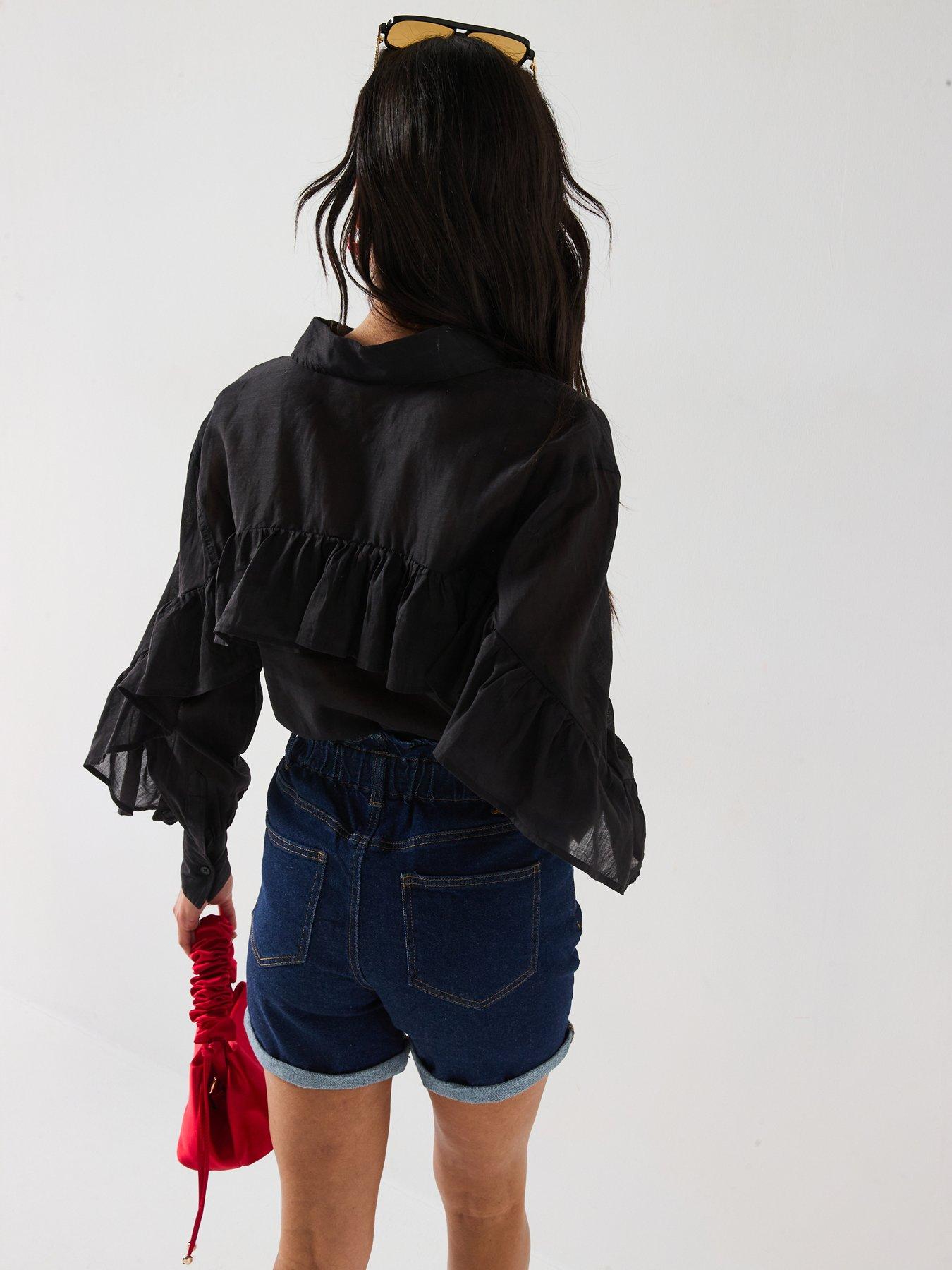 Image 2 of 6 of V by Very Frill Sleeve Rami Oversized Blouse - Black