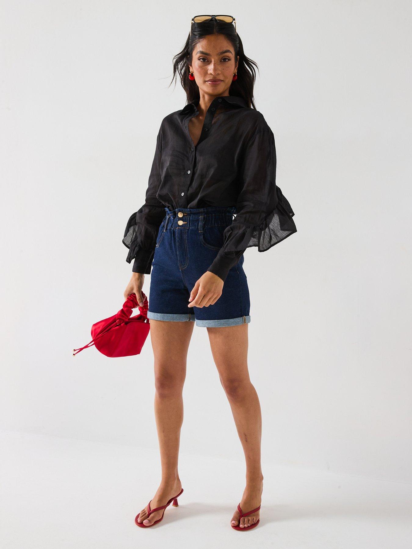 Image 3 of 6 of V by Very Frill Sleeve Rami Oversized Blouse - Black