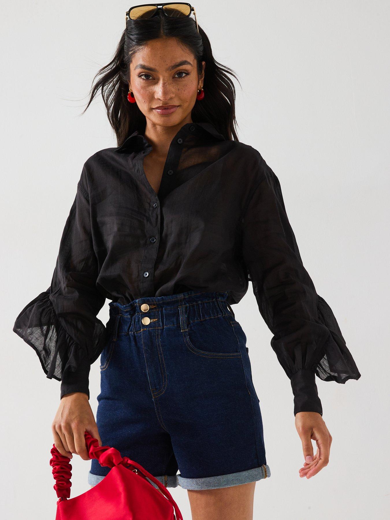 Image 4 of 6 of V by Very Frill Sleeve Rami Oversized Blouse - Black