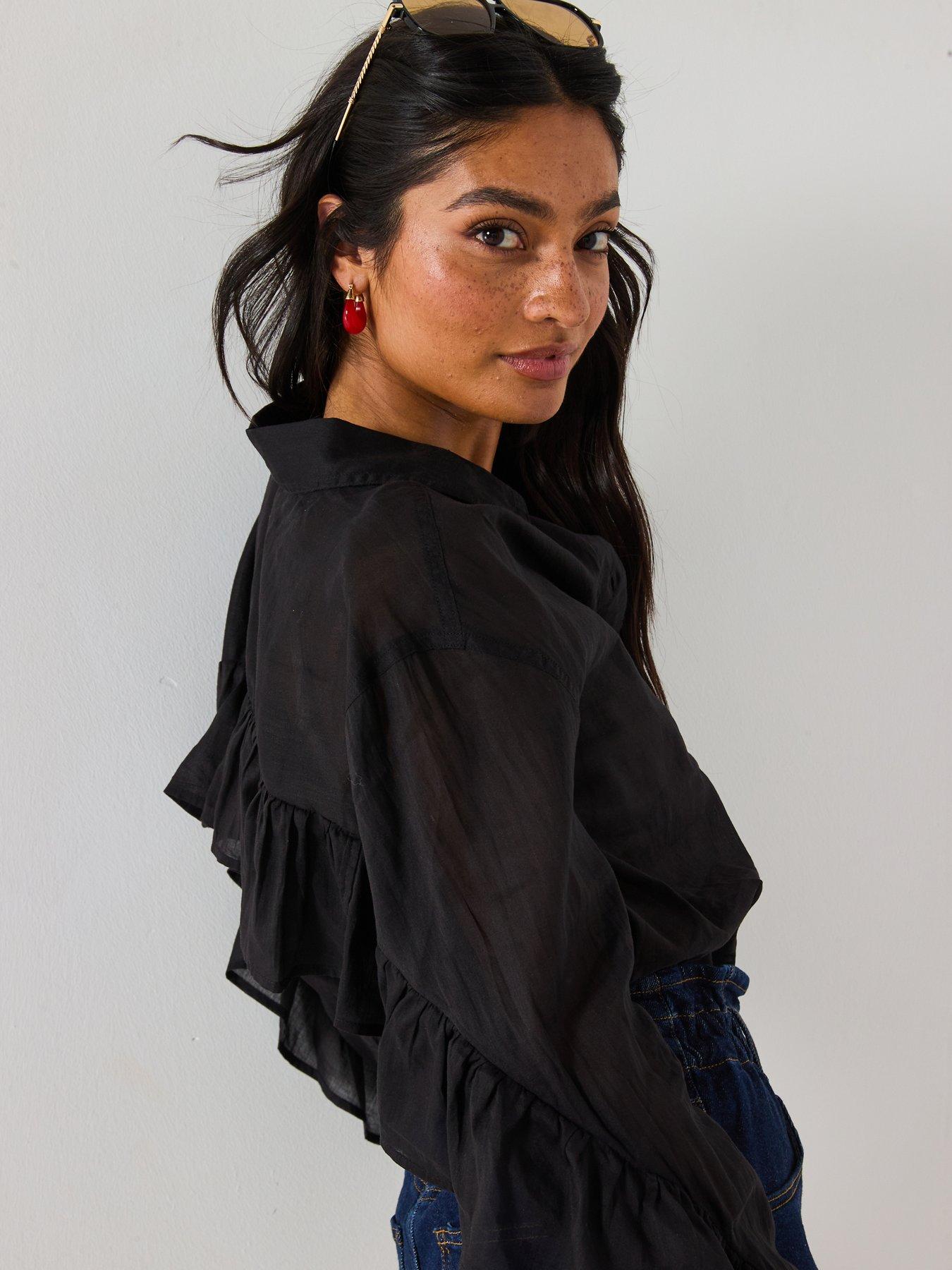 Image 5 of 6 of V by Very Frill Sleeve Rami Oversized Blouse - Black