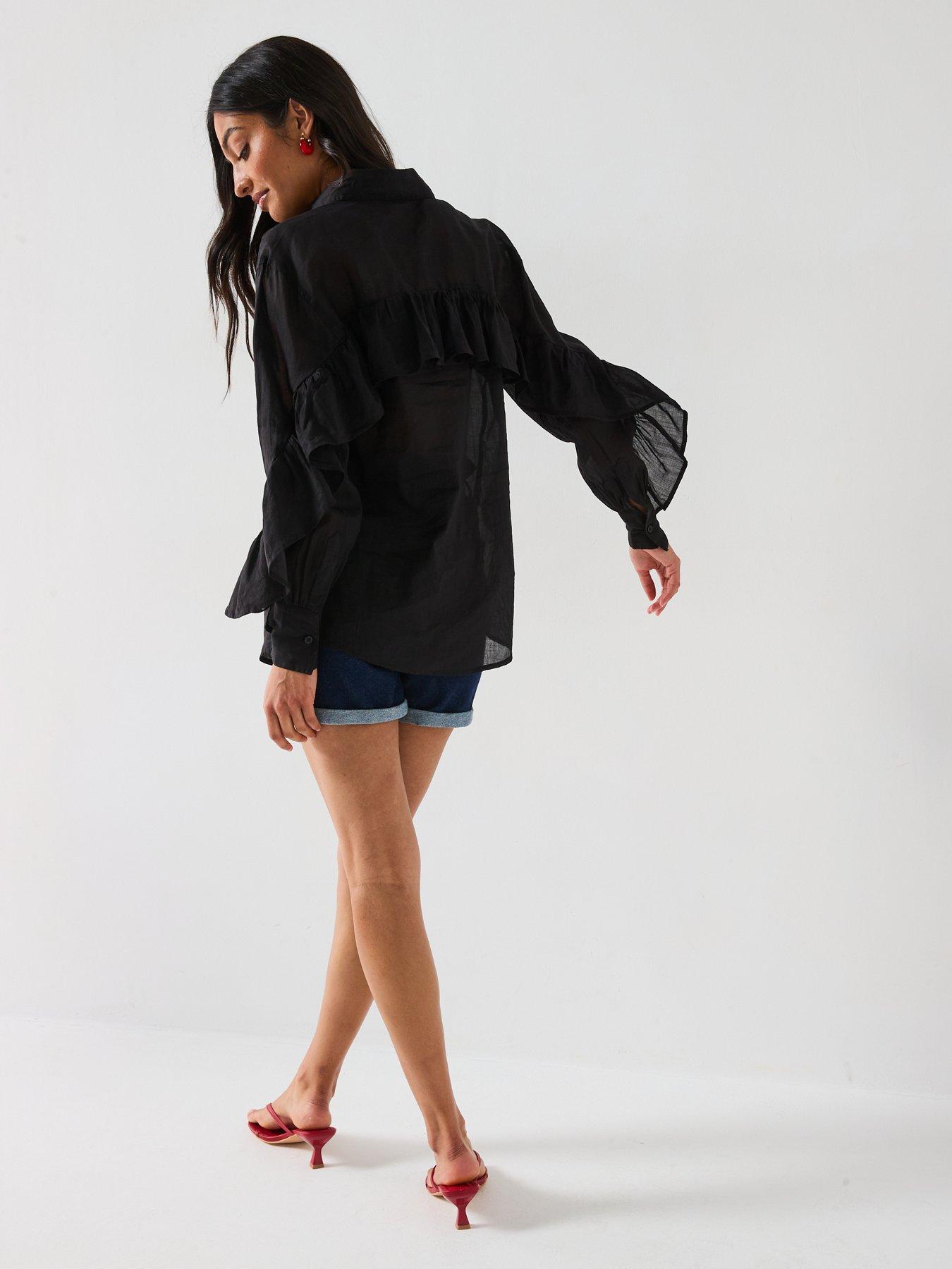 Image 6 of 6 of V by Very Frill Sleeve Rami Oversized Blouse - Black